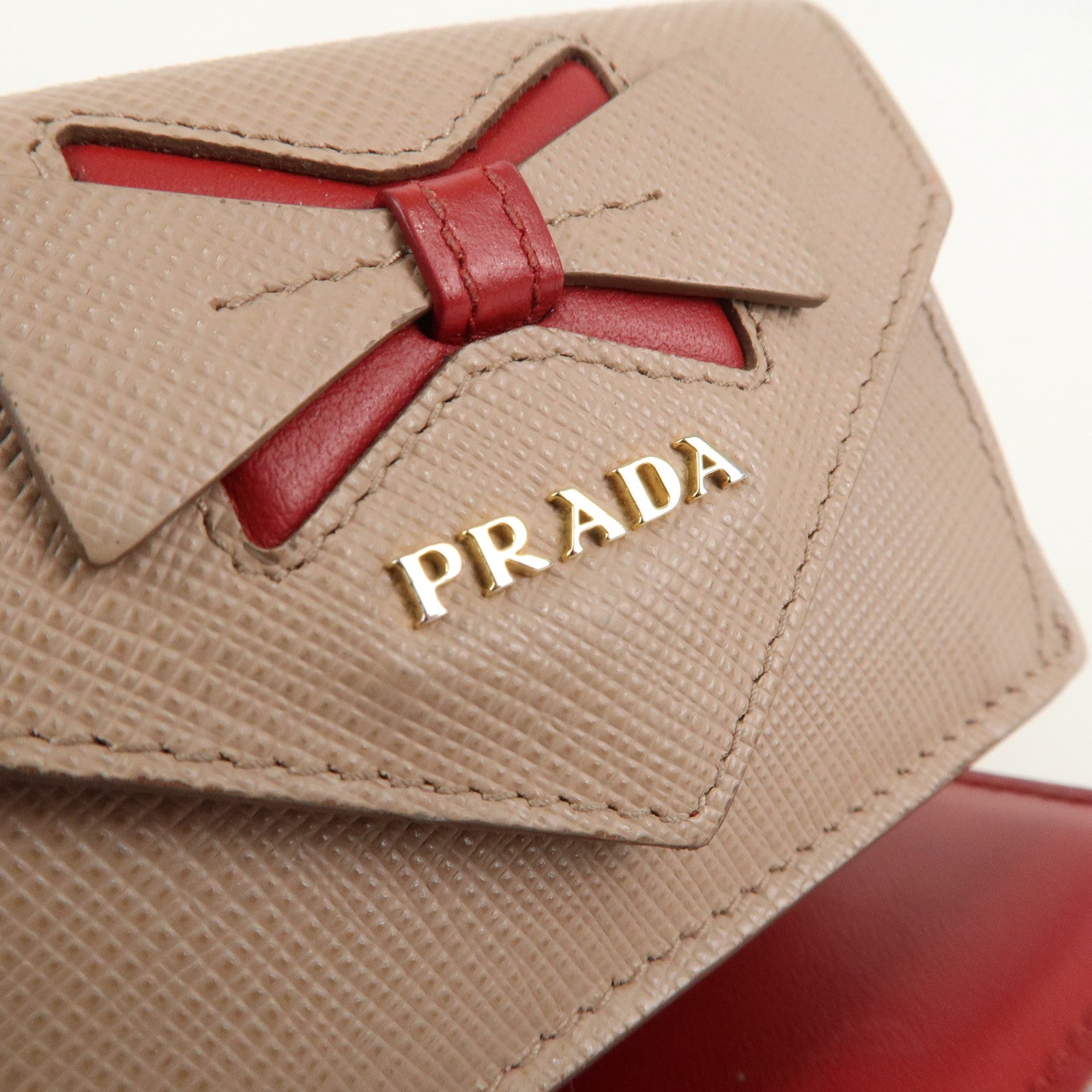 PRADA Saffiano Leather Trifold Wallet Pink Beige Red Ribbon 1MH021