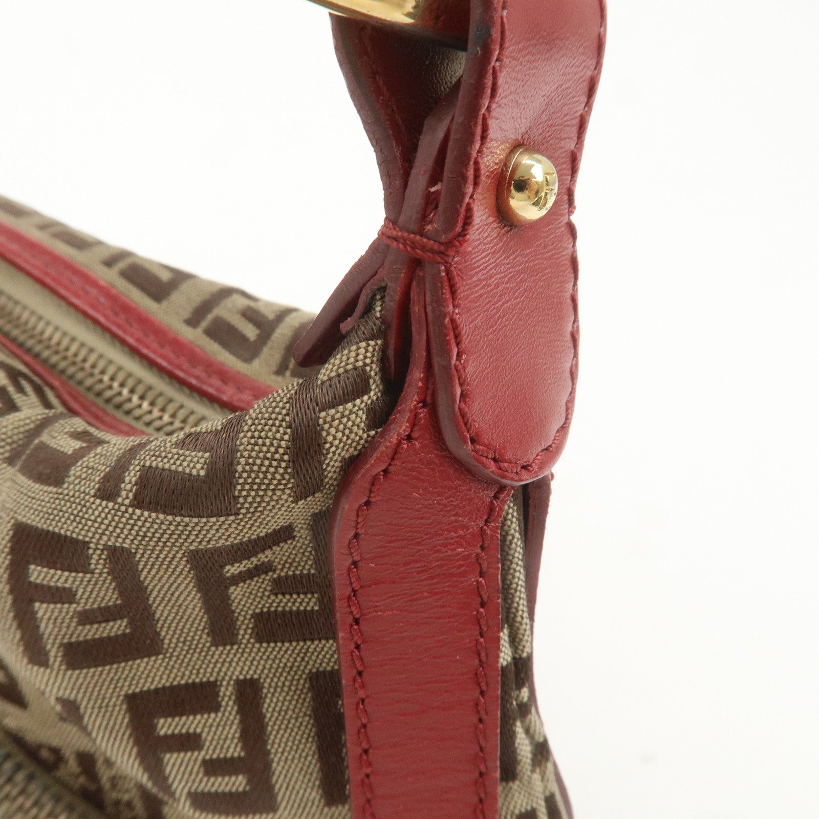 FENDI Zucchino Canvas Leather Shoulder Bag Beige Red 8BR464