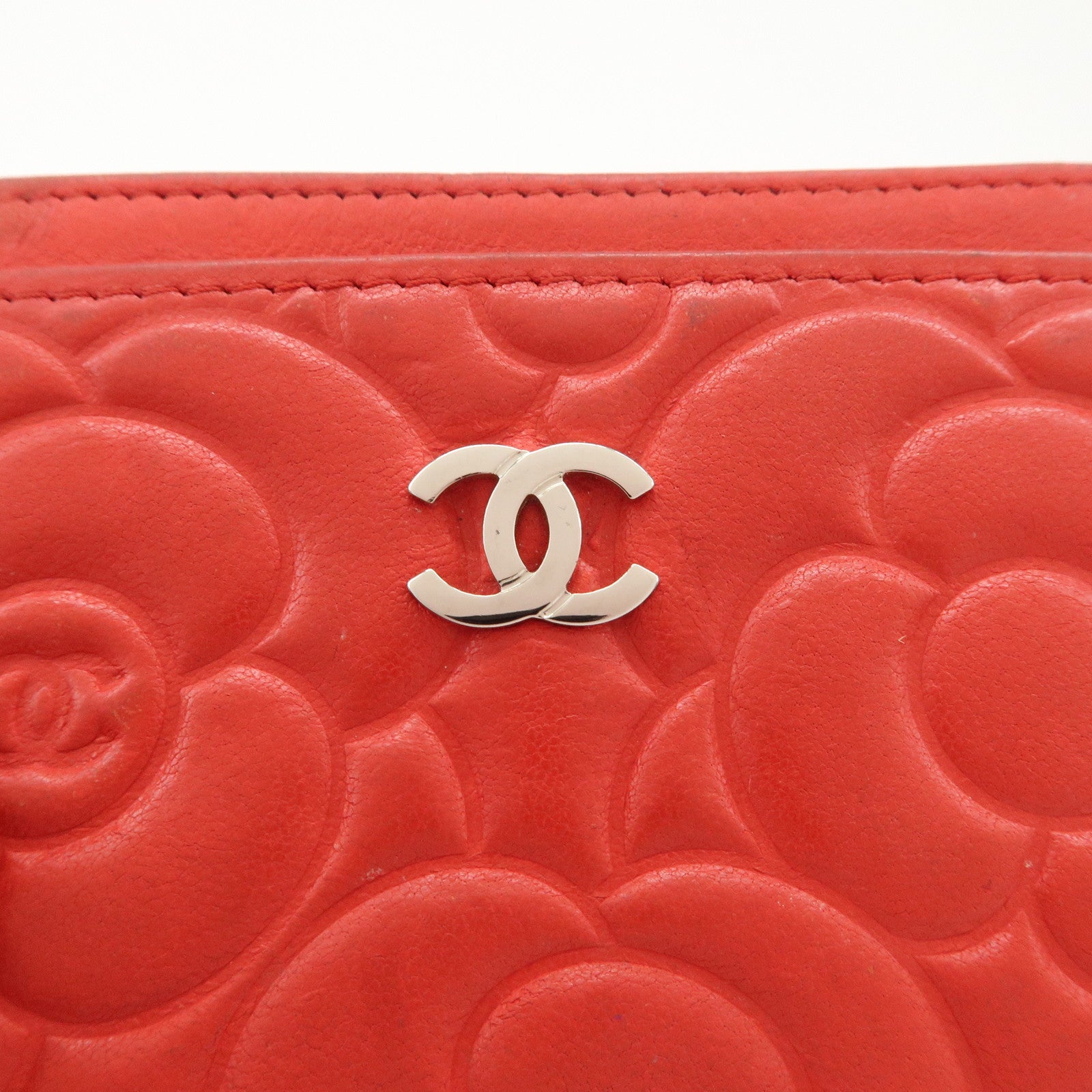 CHANEL Camellia Lambskin Embossed Card Case Red A3173855 Used