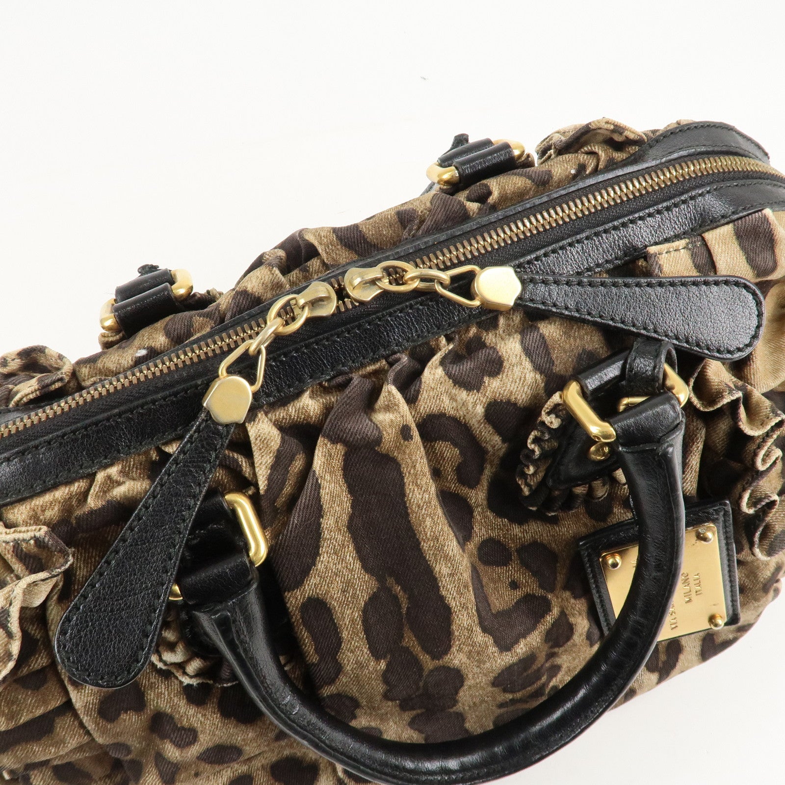 Dolce&Gabbana Canvas Leather Leopard Hand Bag Brown Black Used