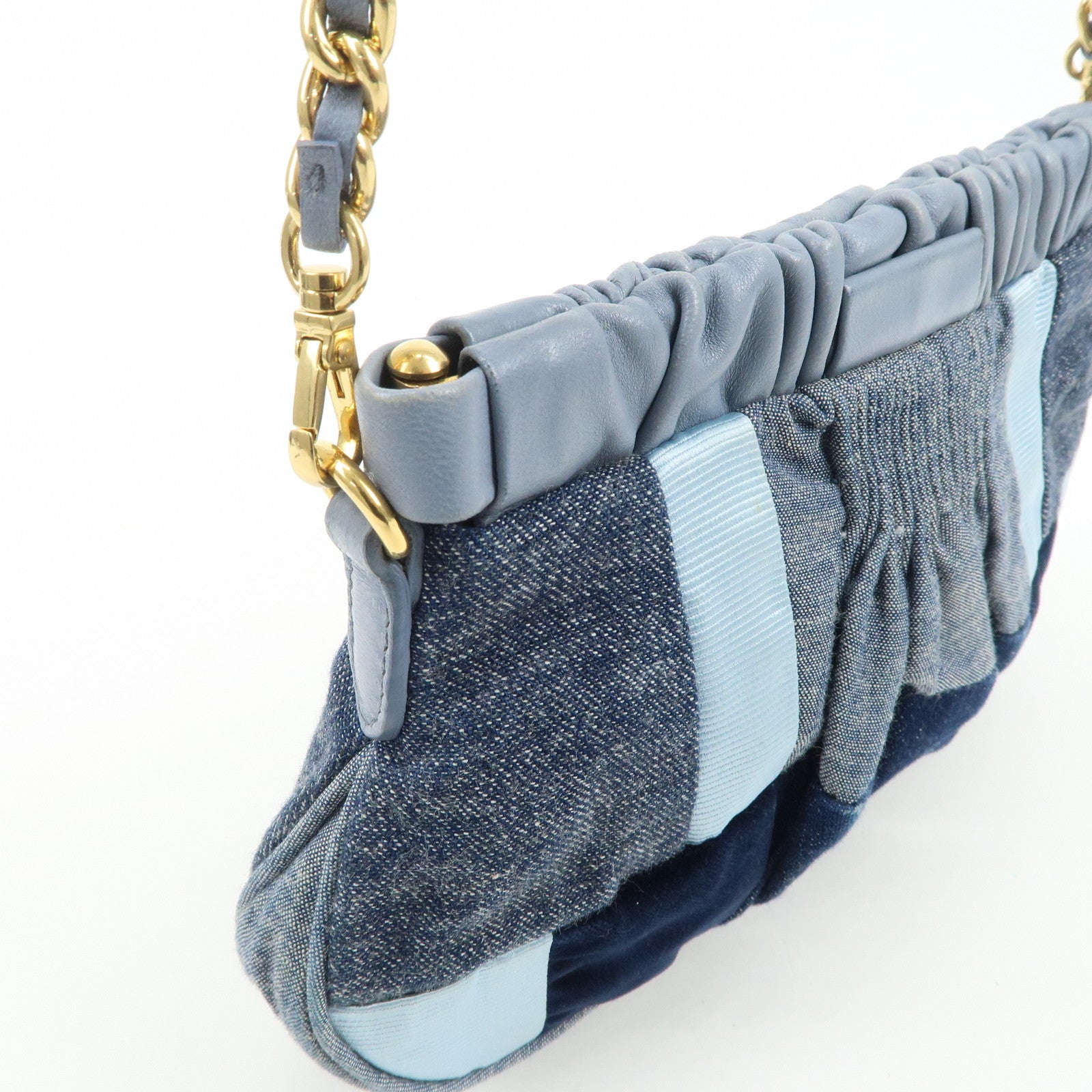 MIU MIU Denim Velour Leather Patches Shoulder Bag Blue Navy