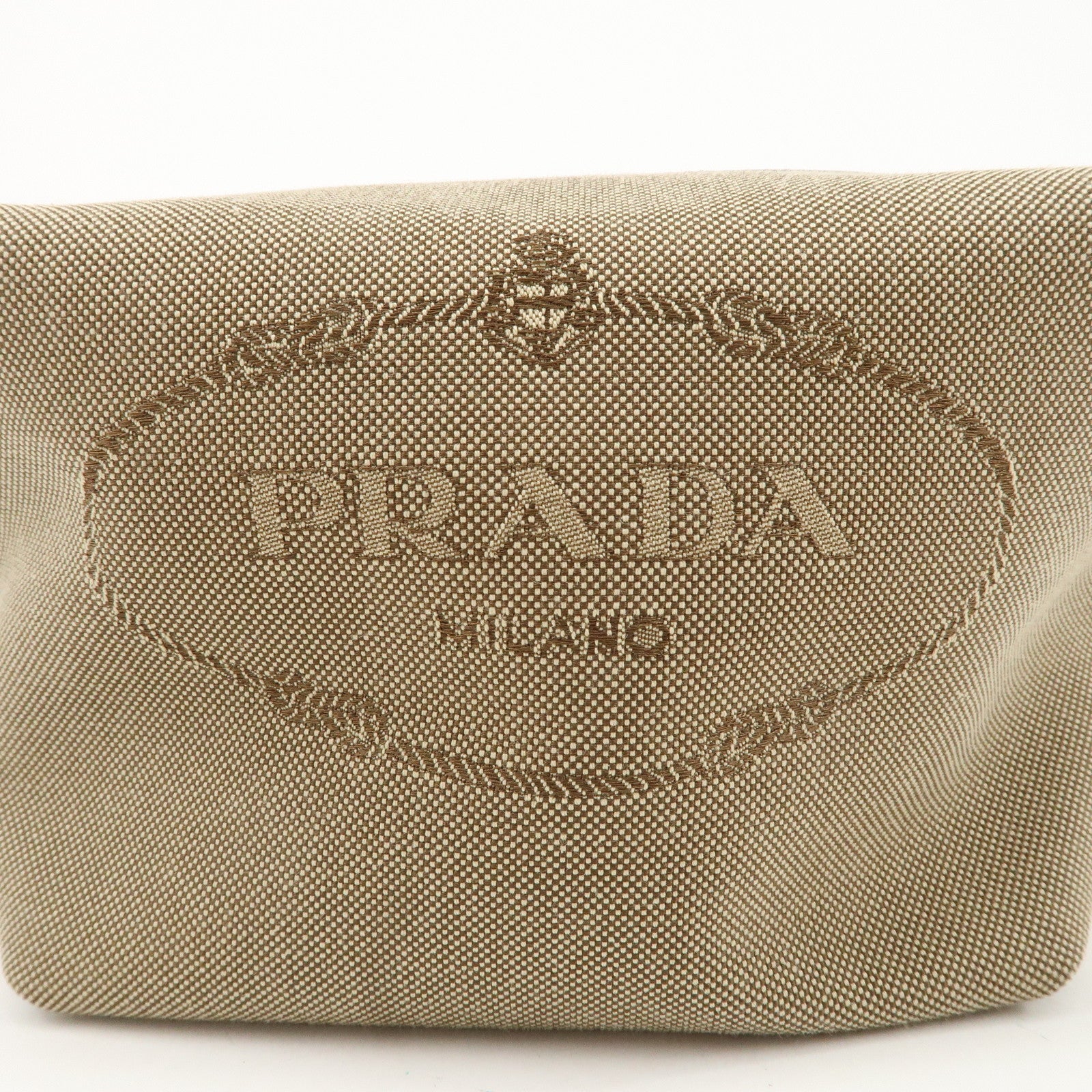 PRADA Logo Jacquard Leather Pouch Beige Brown 1N1298 Used