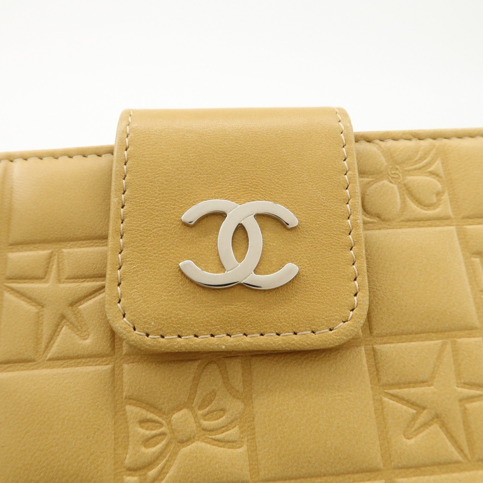 CHANEL Icon Line Lamb Skin W Flap Bi-fold Wallet Beige A24212