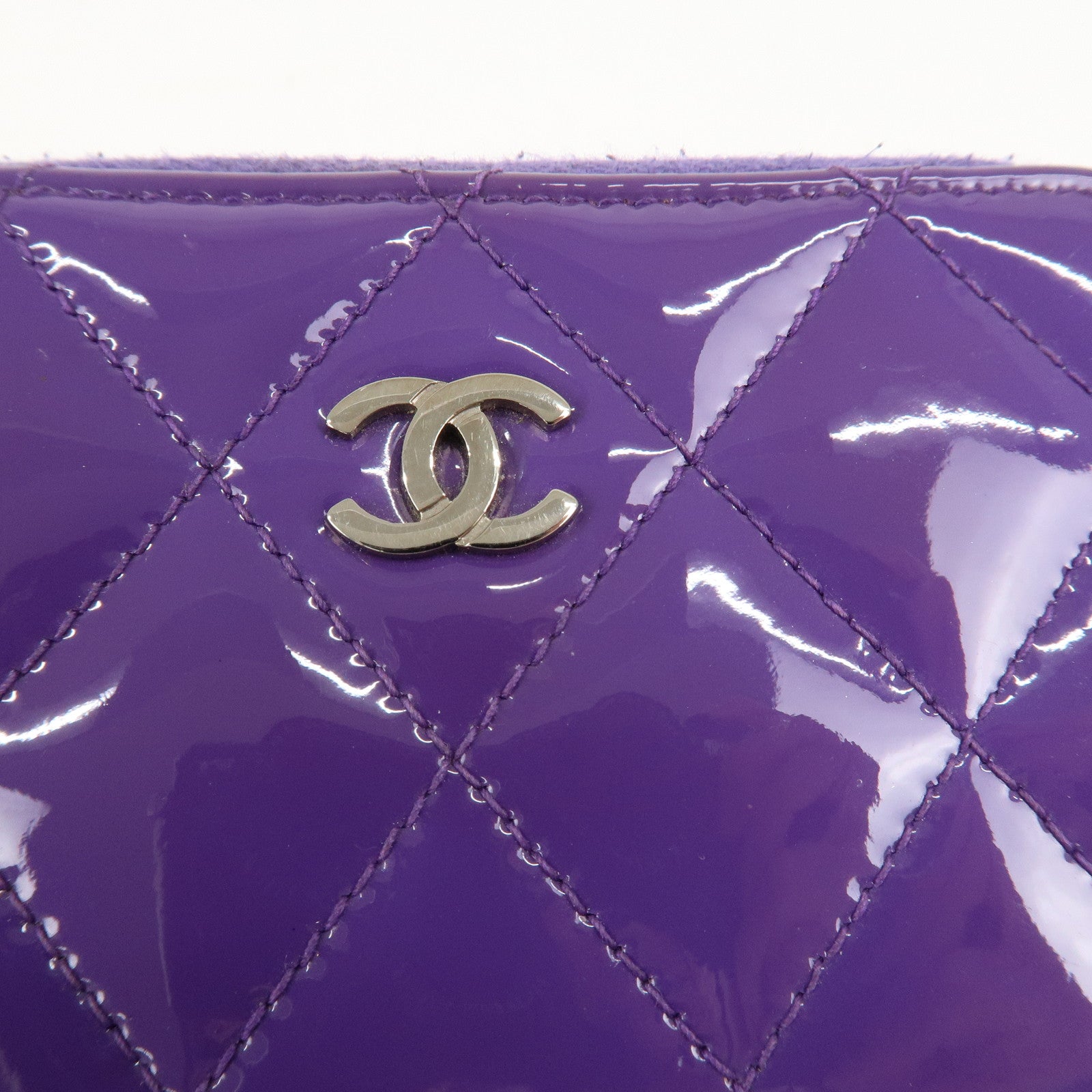 CHANEL Matelasse Patent Leather Card Case Coin Case Purple