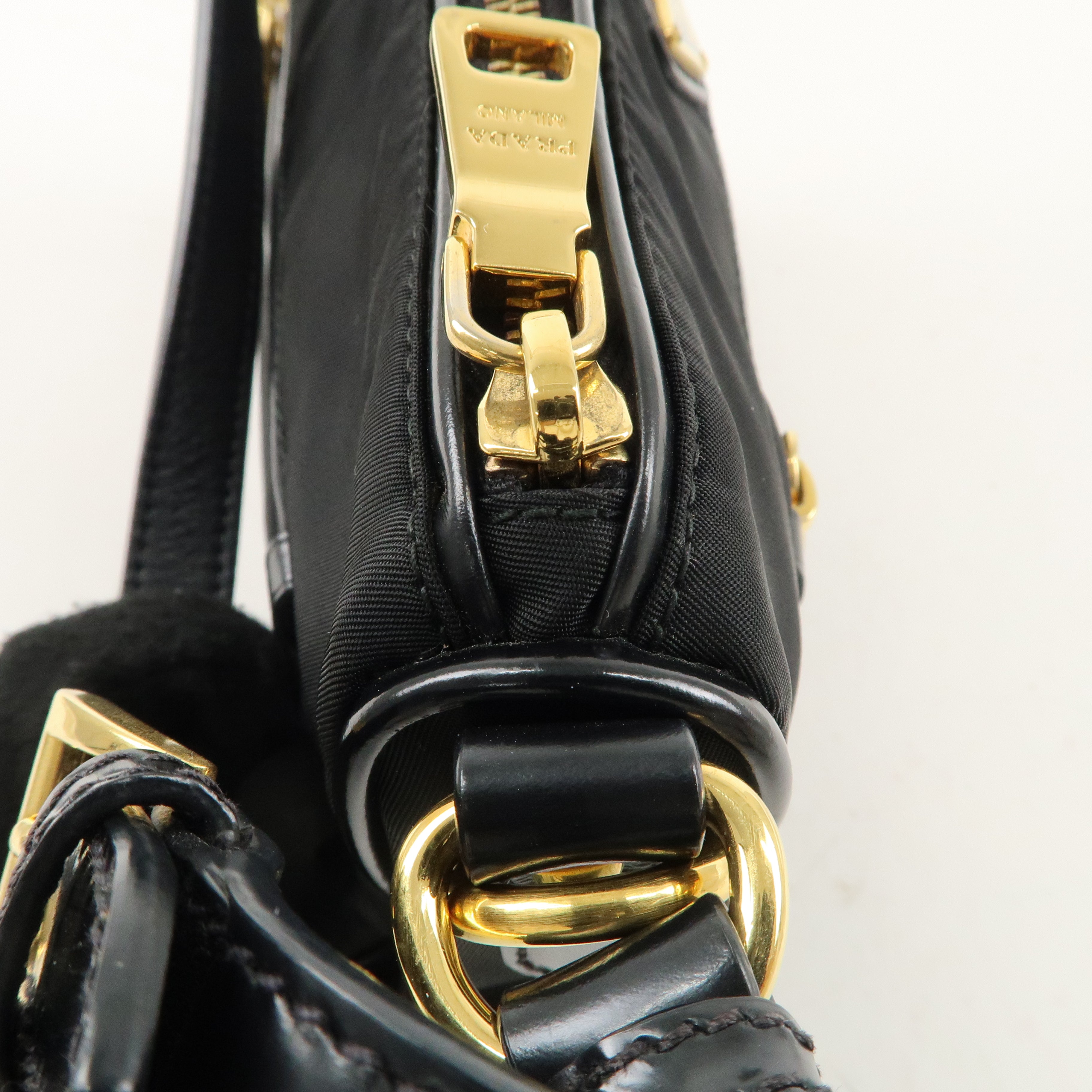 PRADA Logo Nylon Patent Leather Shoulder Bag Hand Bag Black