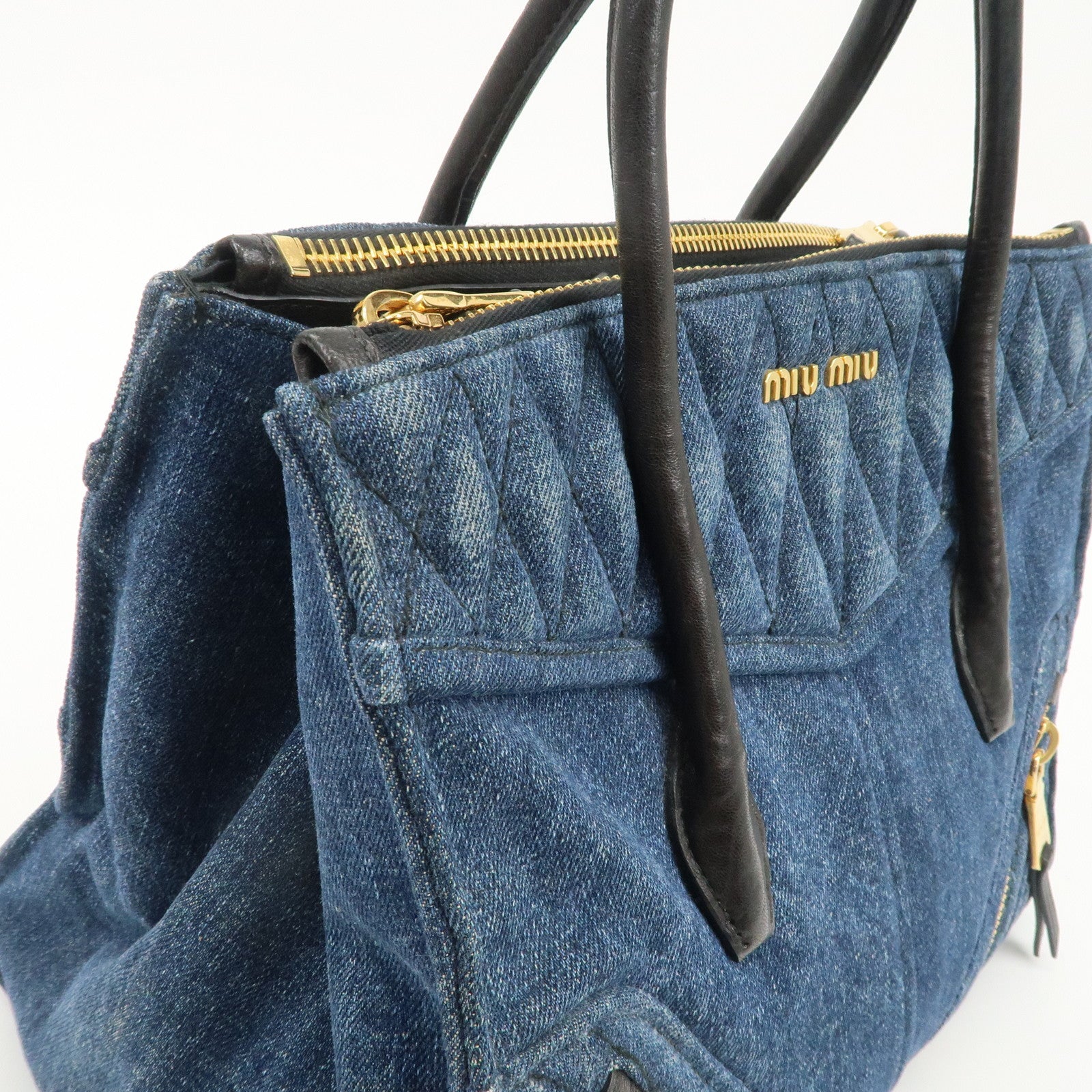 MIU MIU Denim Leather Biker 2WAY Bag Blue Black RN1031