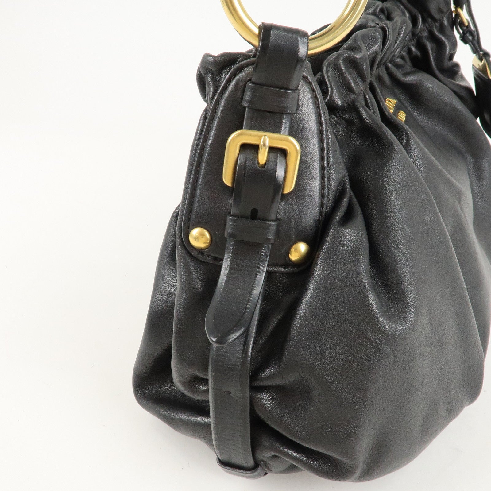 PRADA Leather Shoulder Bag Hand Bag Black Gold Hardware Used