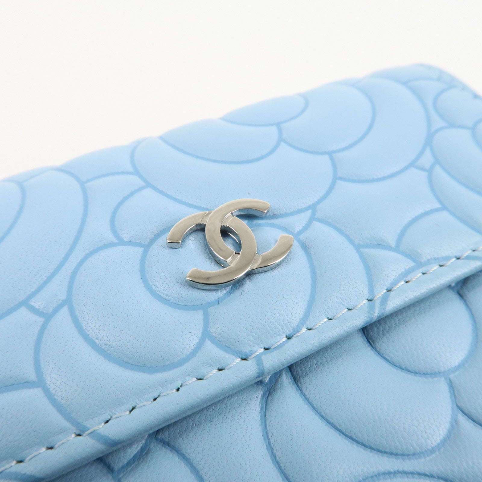 CHANEL Camelia Lamb Skin Bi-fold Wallet Blue Used