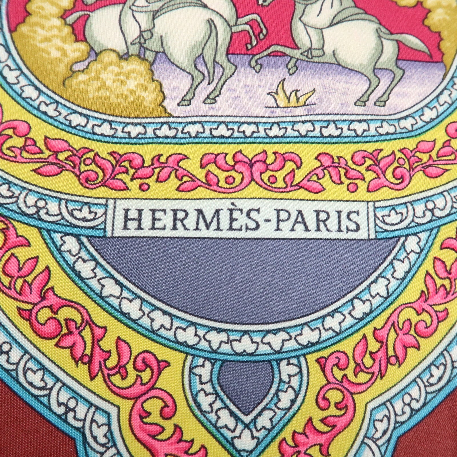 HERMES Silk 100% Carre 90 Scarf QALAMDAN Bordeaux Multicolor Used