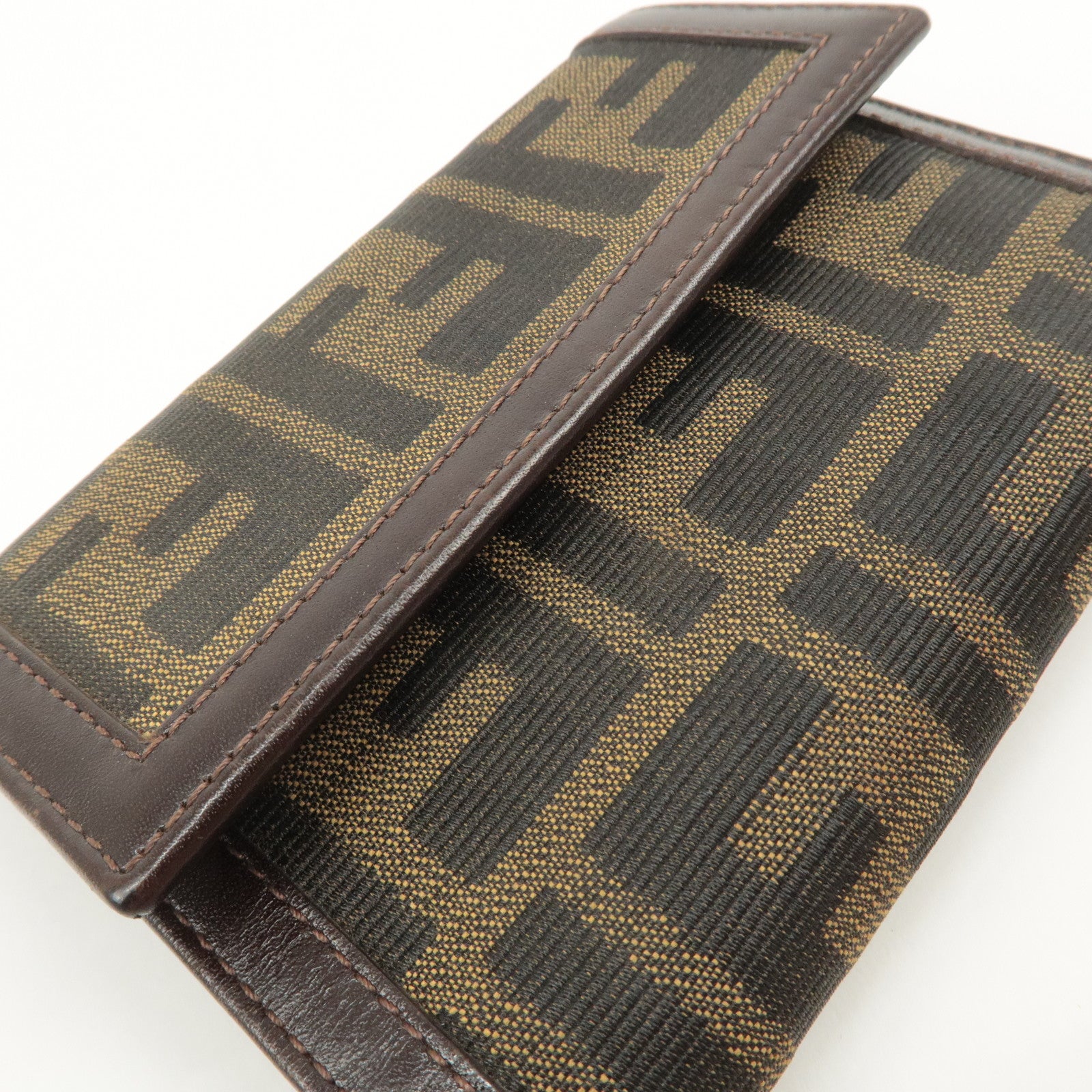 FENDI Zucca Canvas Leather Hook Tri-fold Wallet Brown 30729