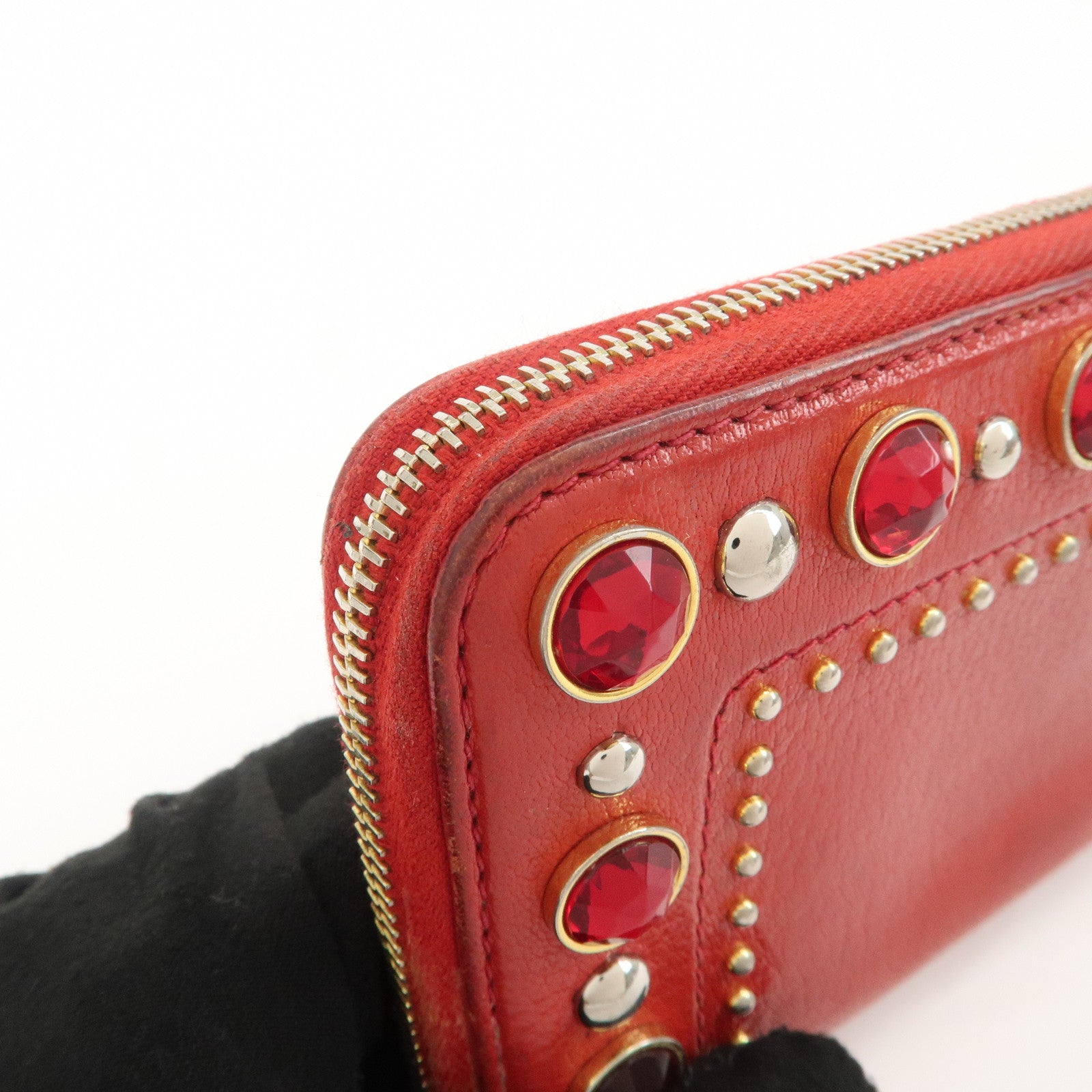 MIU MIU Leather Round Zipper Long Wallet Bijou Studs Red