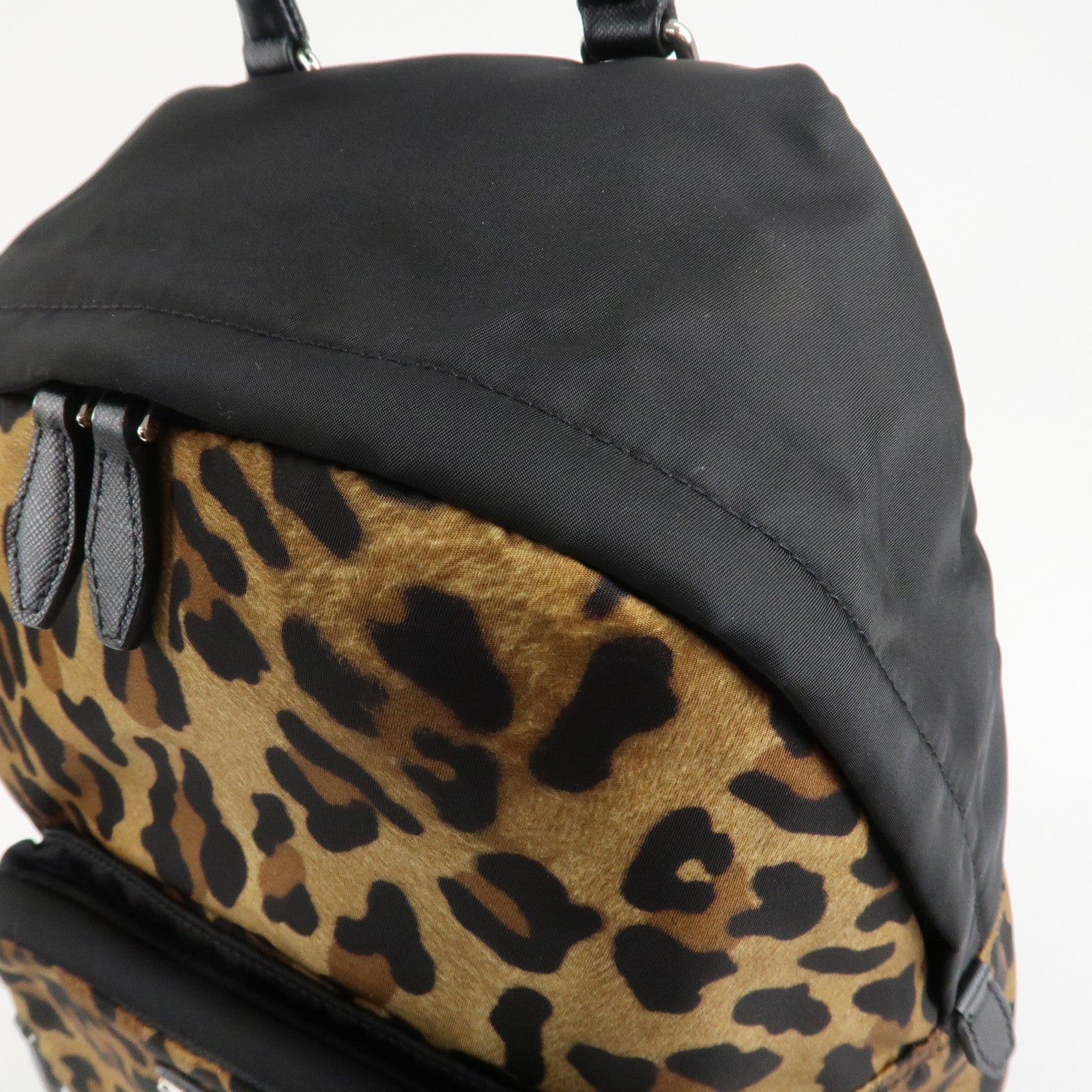 PRADA Leopard Nylon Leather Rucksack  Black Brown 1BZ001 Used