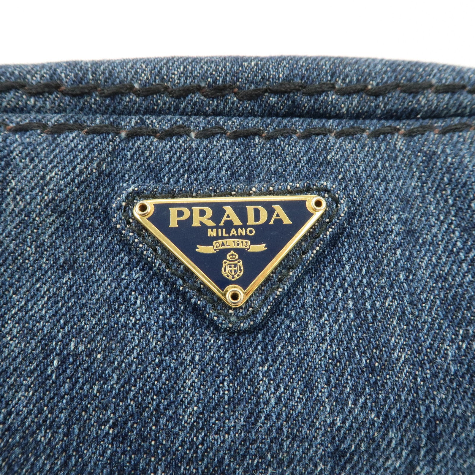 PRADA Triangle Logo Denim Pouch Cosmetic Pouch Blue Gold HDW