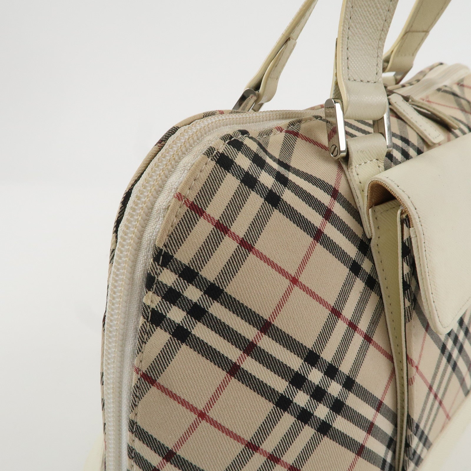 BURBERRY  Nova Plaid Canvas Leather Boston Bag Hand Bag