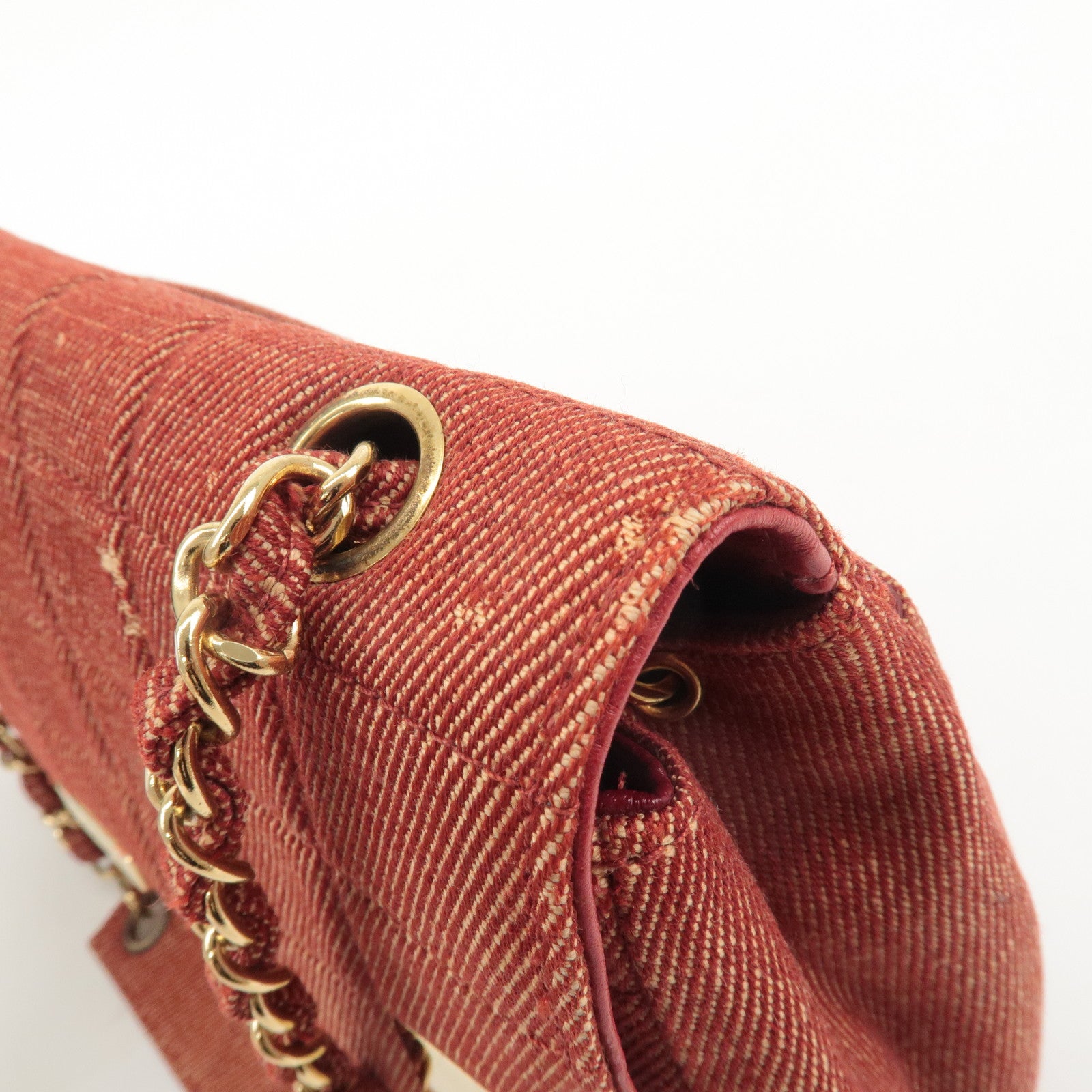 CHANEL Chocolate Bar Canvas Chain Shoulder Bag Red Gold Used