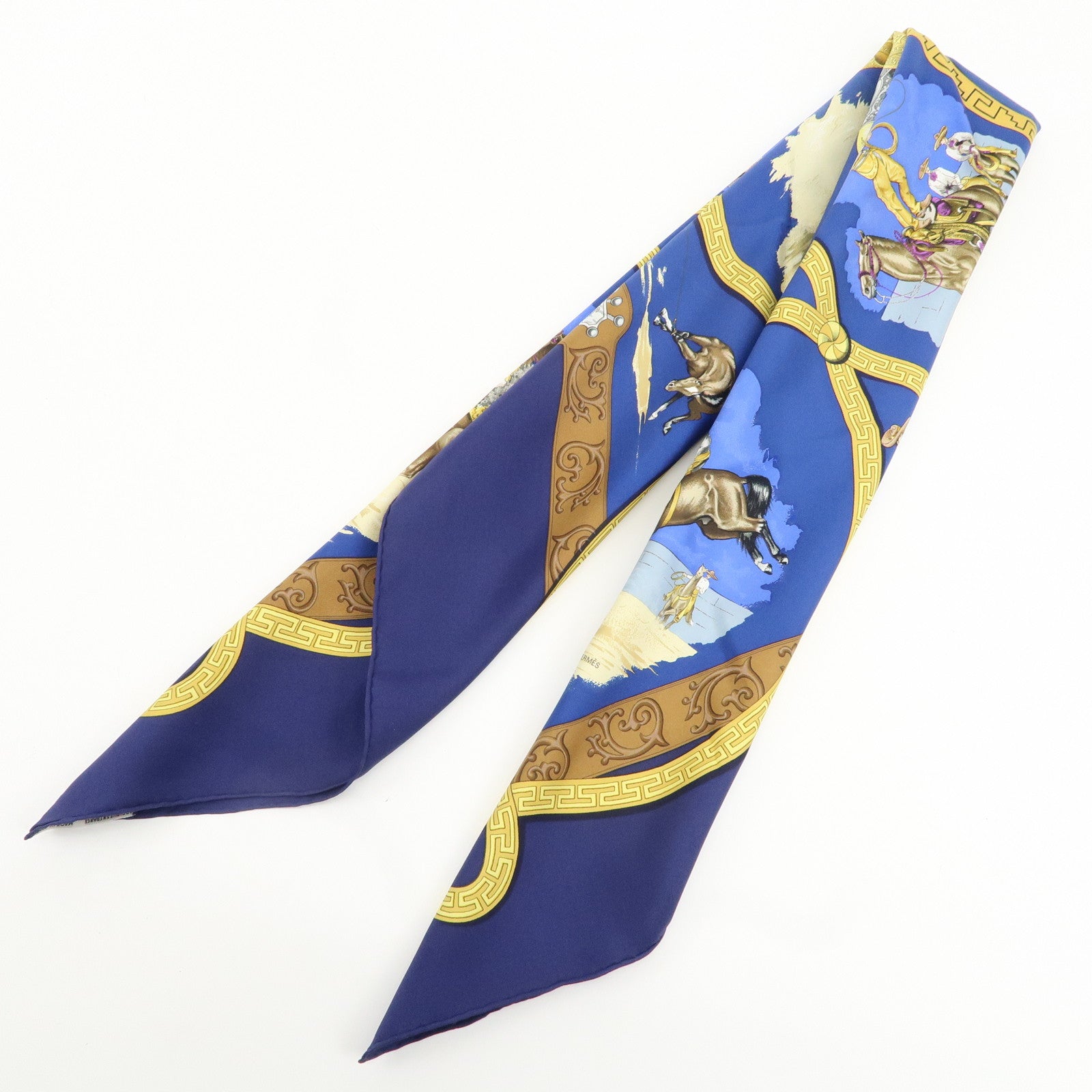 HERMES Carre 90 100% Silk Scarf Bandana CHARREADA Blue Brown Used