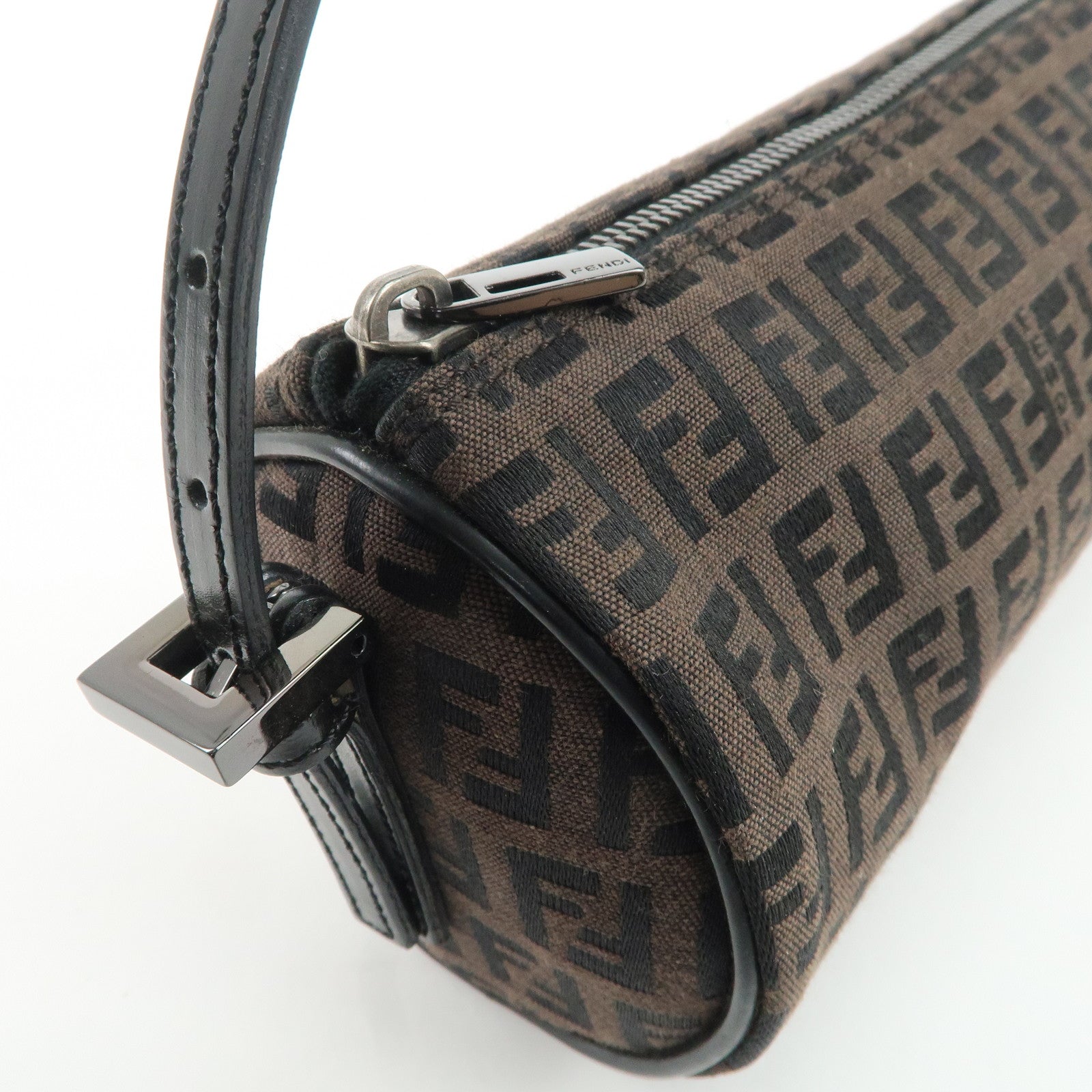 FENDI Zucchino Canvas Leather Pouch Hand Bag Black Brown 7N0016 Used