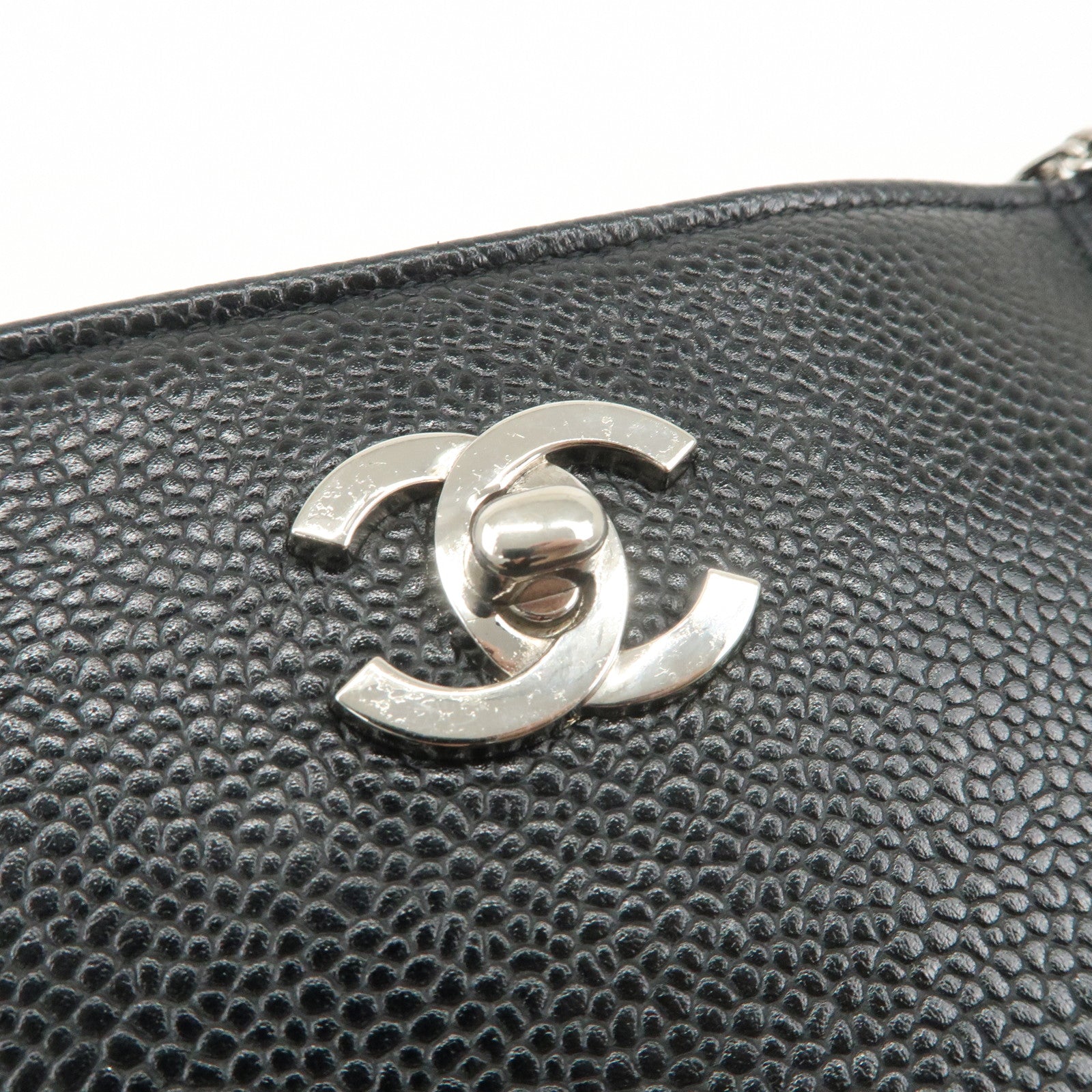 CHANEL Caviar Skin Chain Tote Bag Shoulder Black Silver HDW