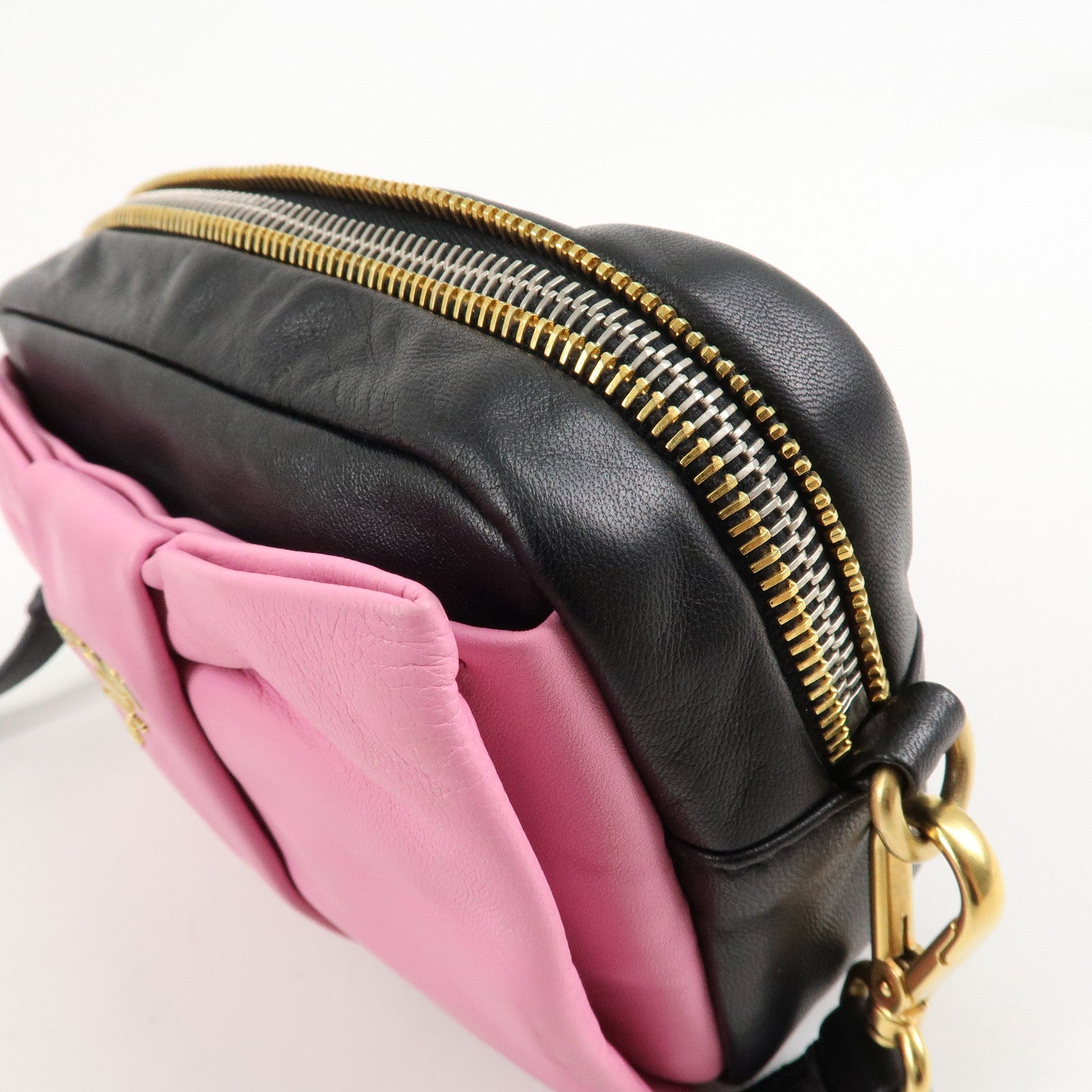 PRADA Logo Leather Ribbon Shoulder Bag Pink Black BP0166