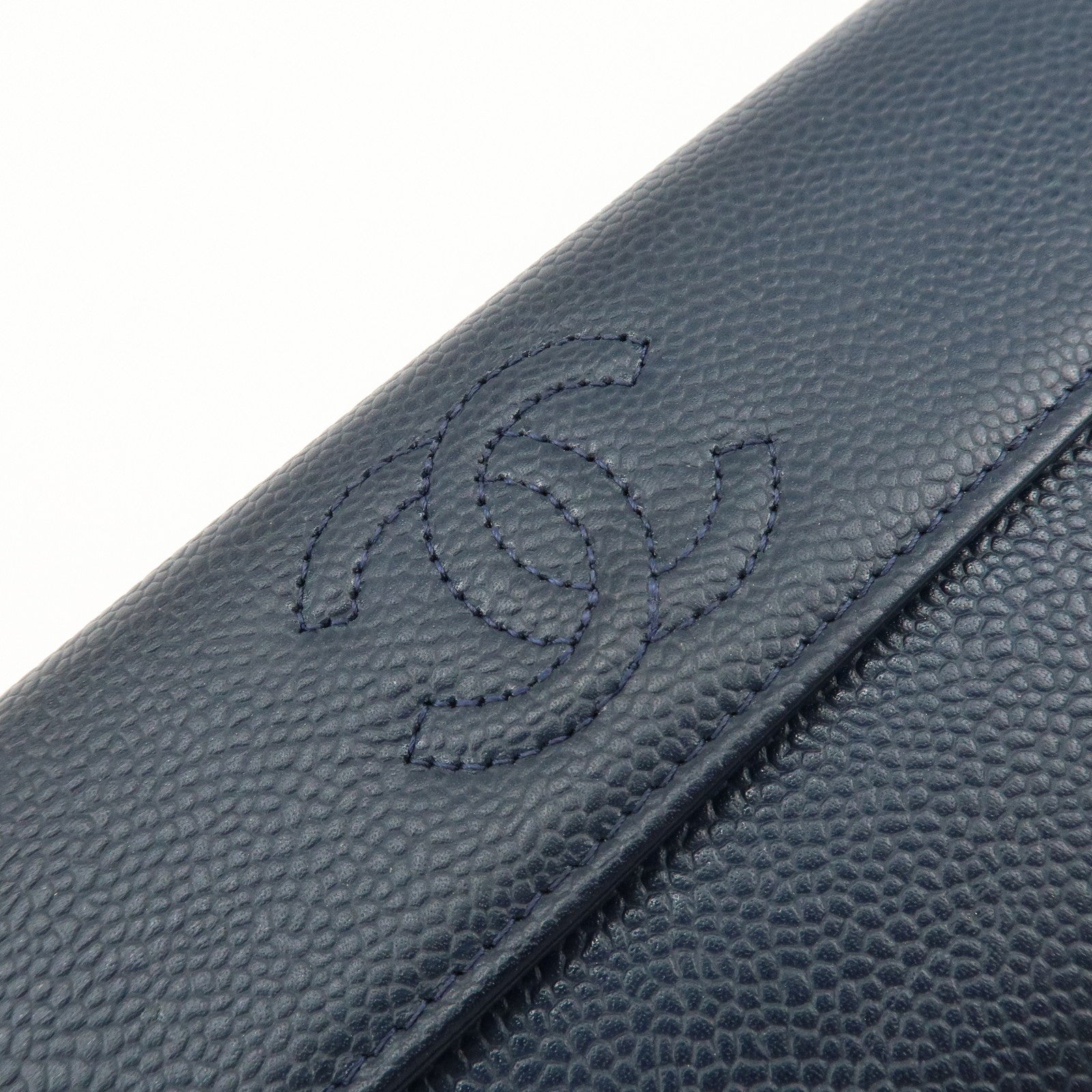 CHANEL Coco Mark Caviar Skin Double Hook Wallet Navy A48649 Used