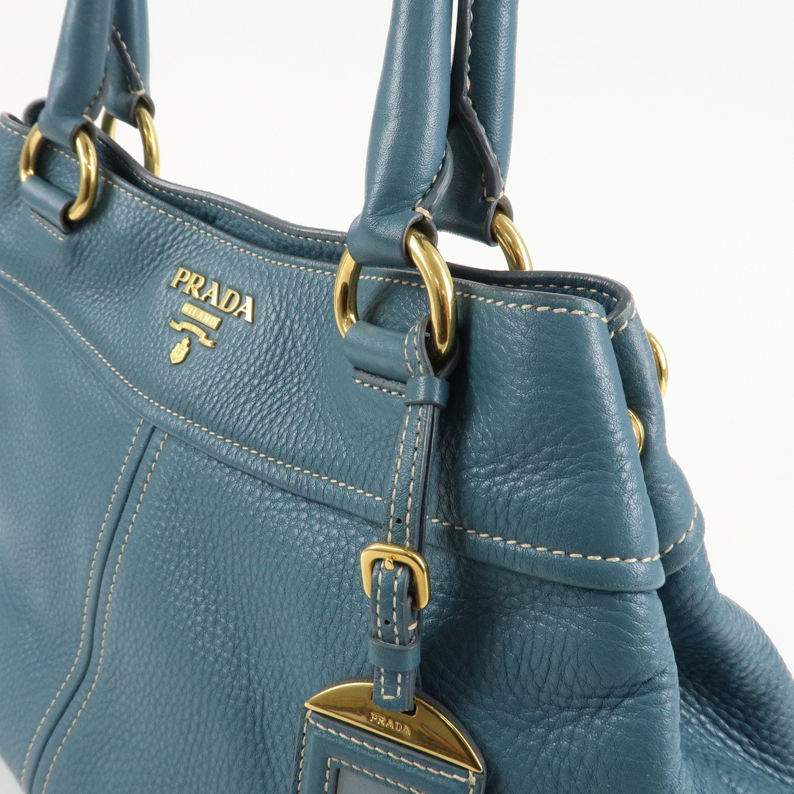 PRADA Leather 2Way Bag Hand Bag Shoulder Bag Blue Gold HDW Used