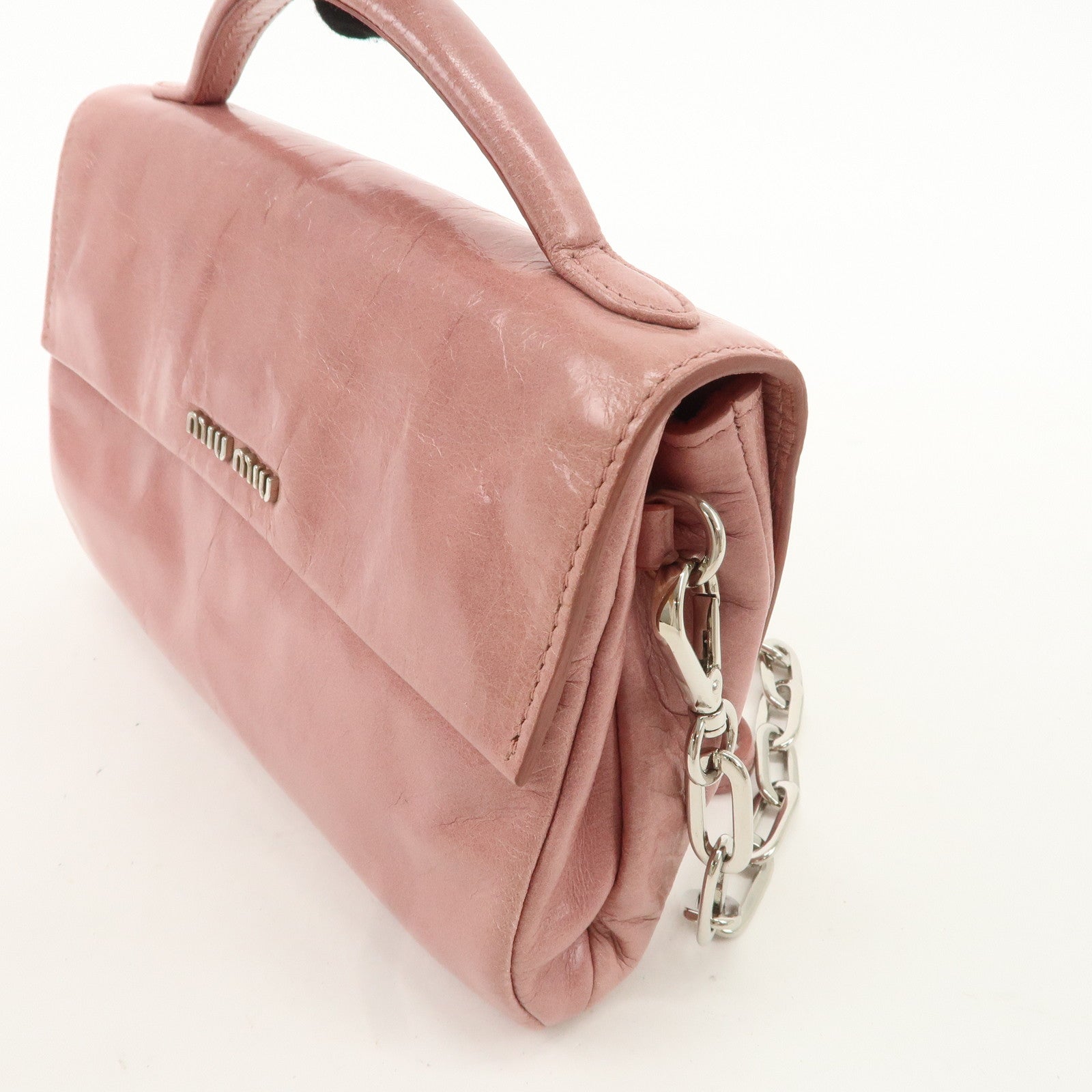 MIU MIU Leather 2WAY Bag Hand Bag Shoulder Bag Silver HDW Pink Used