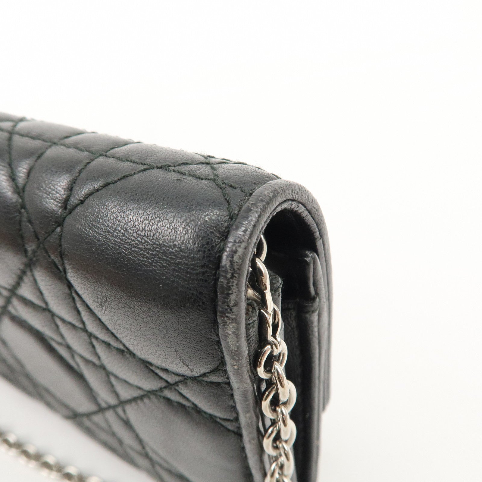 Christian Dior Cannage Leather Chain Long Wallet WOC Black Used