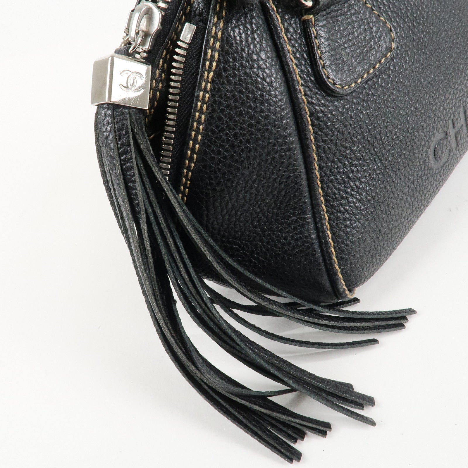 CHANEL COCO Mark Leather Fringe Shoulder Bag Hand Bag Black