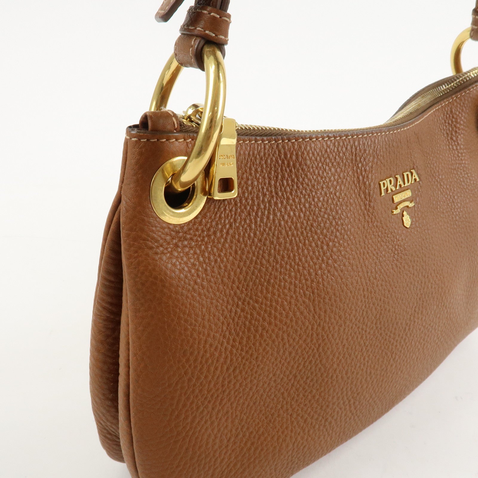 PRADA Leather Shoulder Bag Brown Gold Hardware B4894M Used