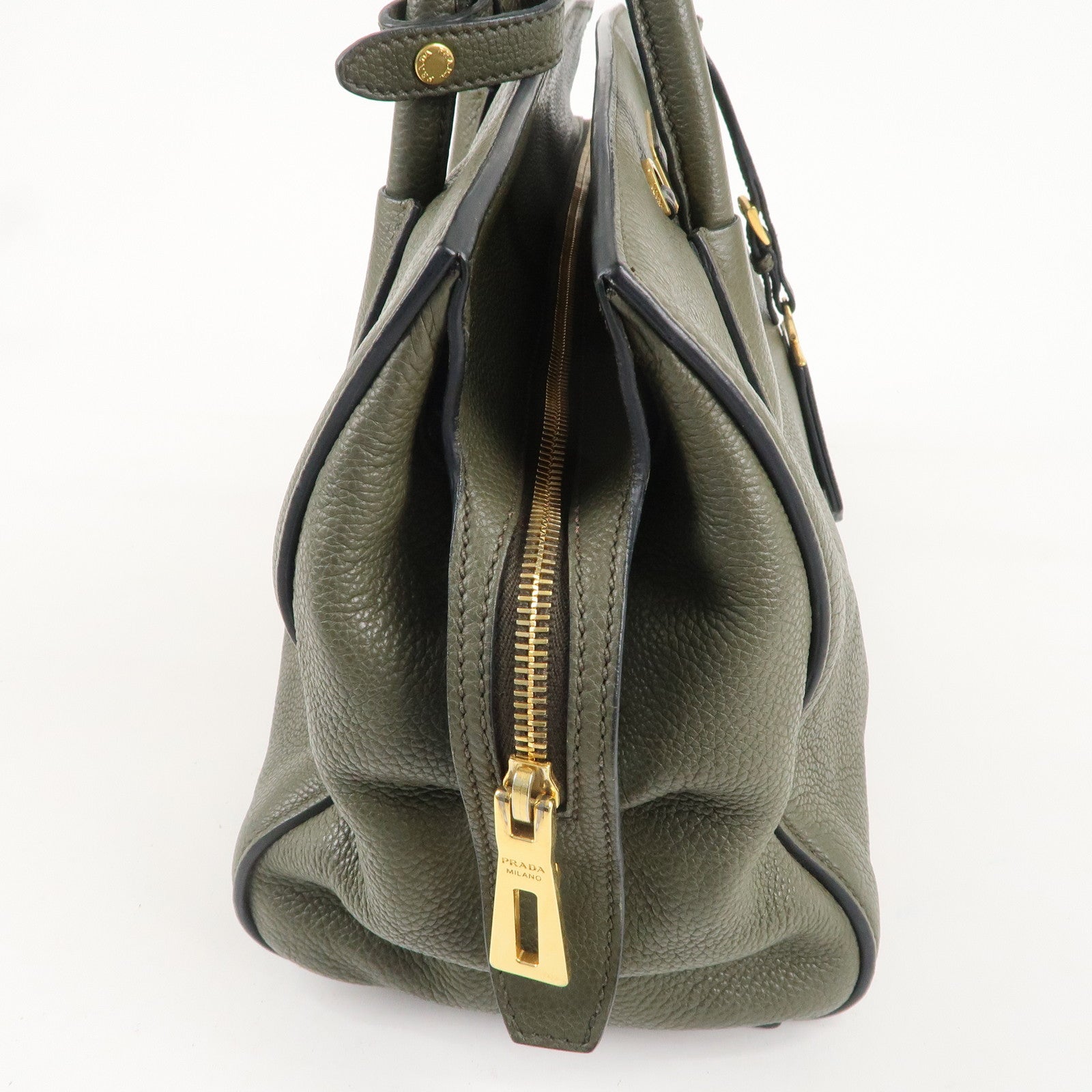 PRADA Logo Leather Hand Bag Shoulder Bag Khaki