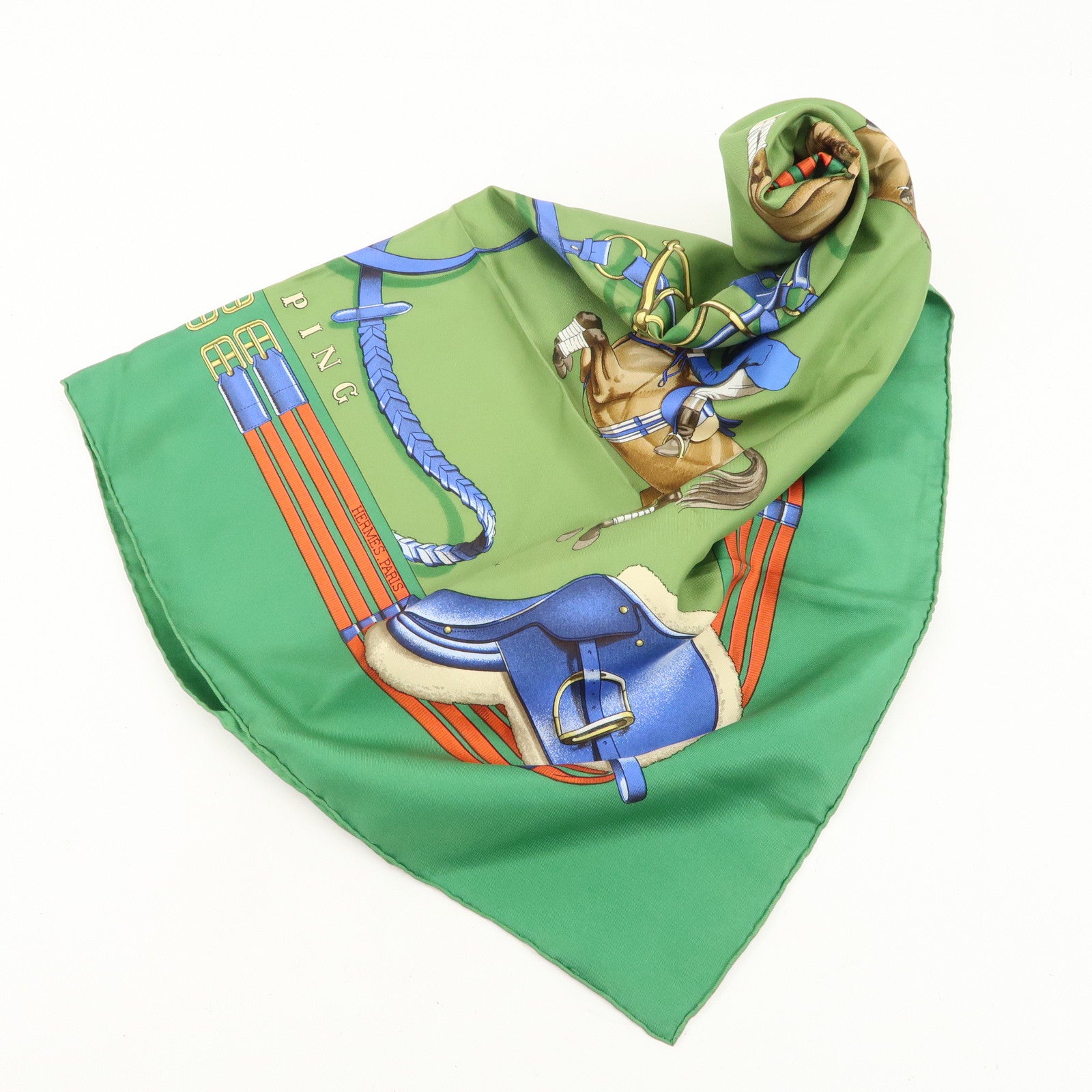 HERMES Carre 90 100% Silk Scarf JUMPING Riding Horse Green