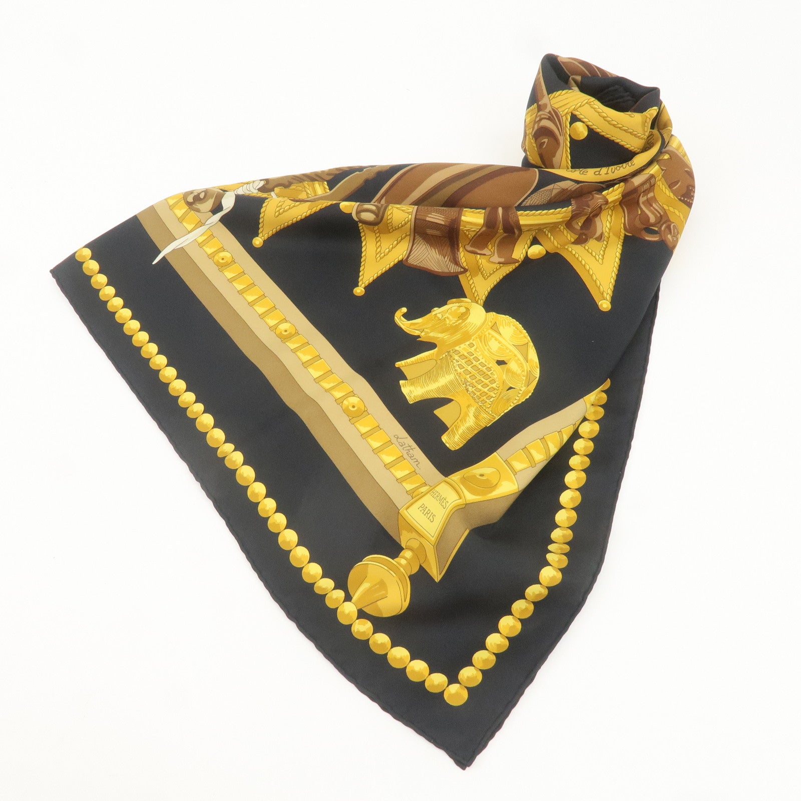 HERMES Carre 90 Silk 100% Scarf African Spoon Black Yellow