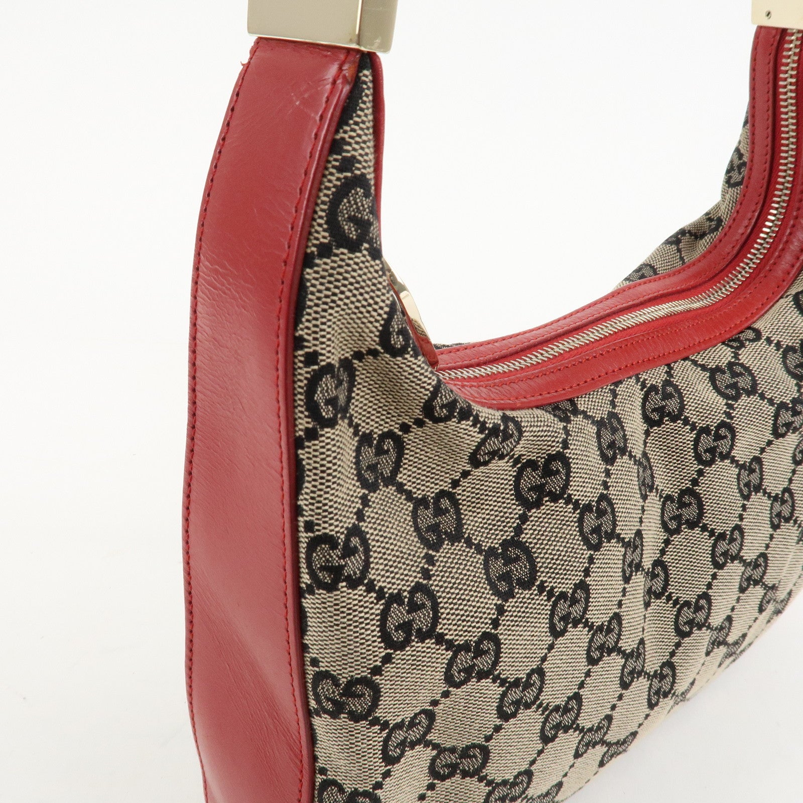 GUCCI GG Canvas Leather One-Shoulder Bag Beige Navy Red 001.3812