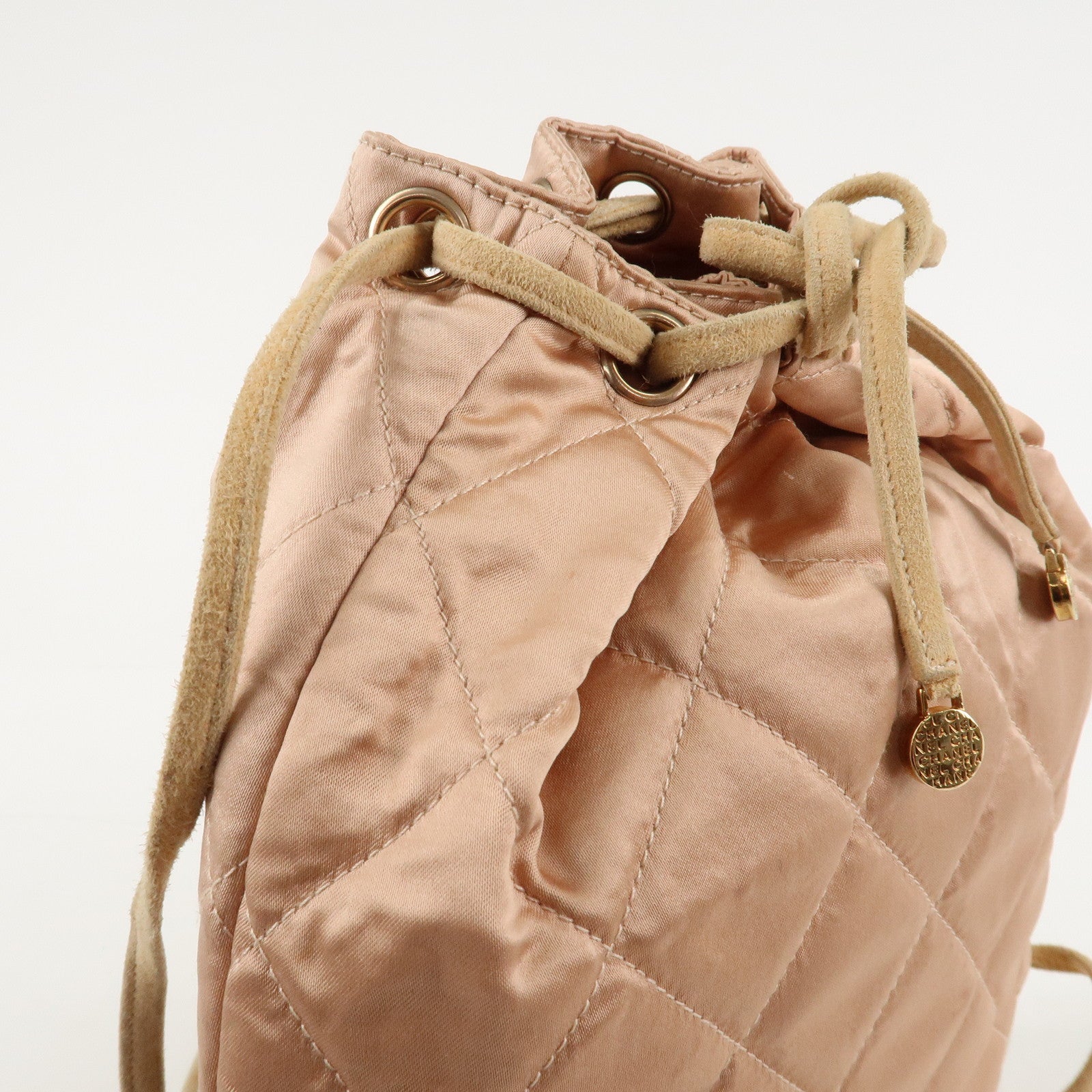 CHANEL Matelasse Satin Suede Back Pack Ruck Sack Pink Beige