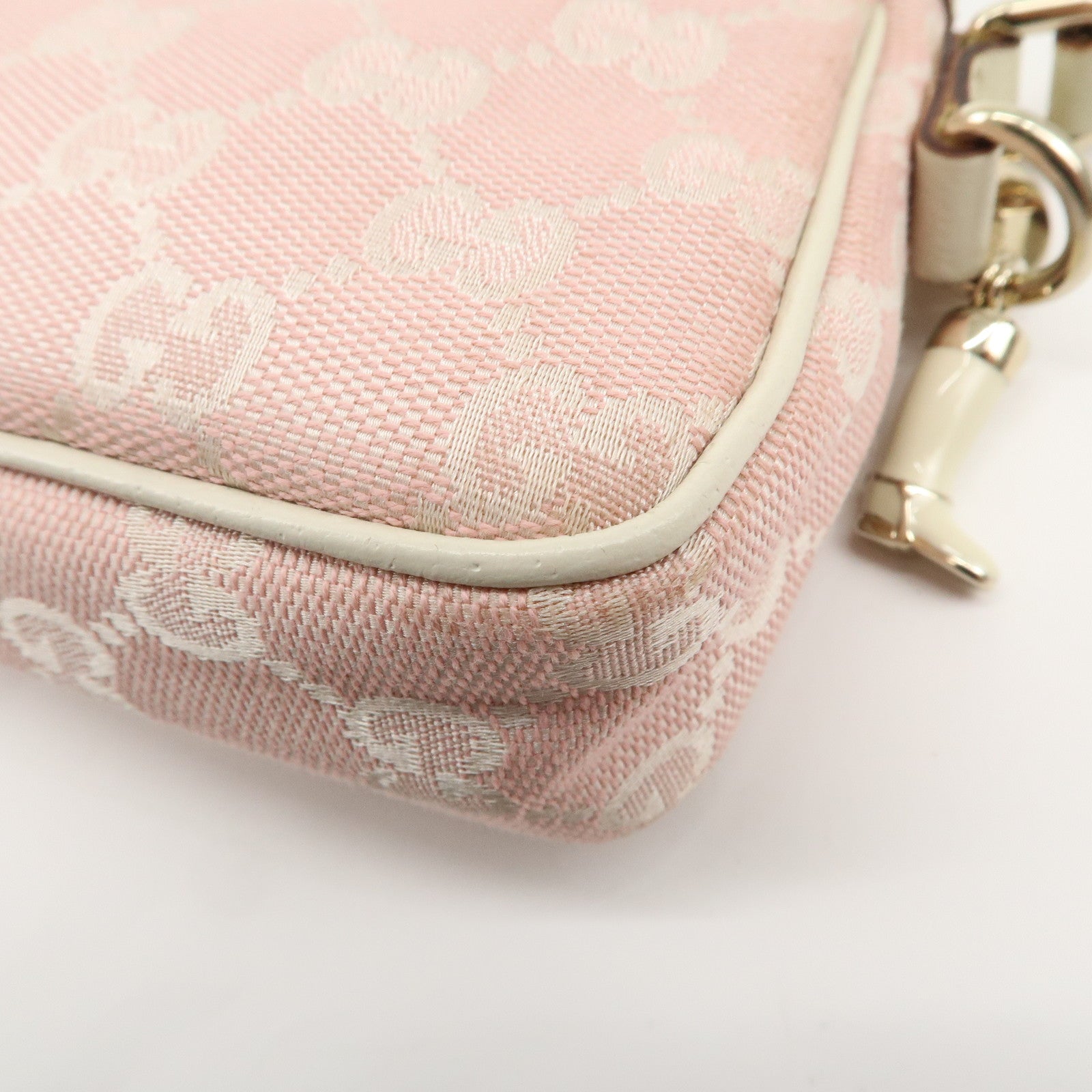 GUCCI GG Canvas Leather Hand Bag Pouch Pink Ivory 154432 Used