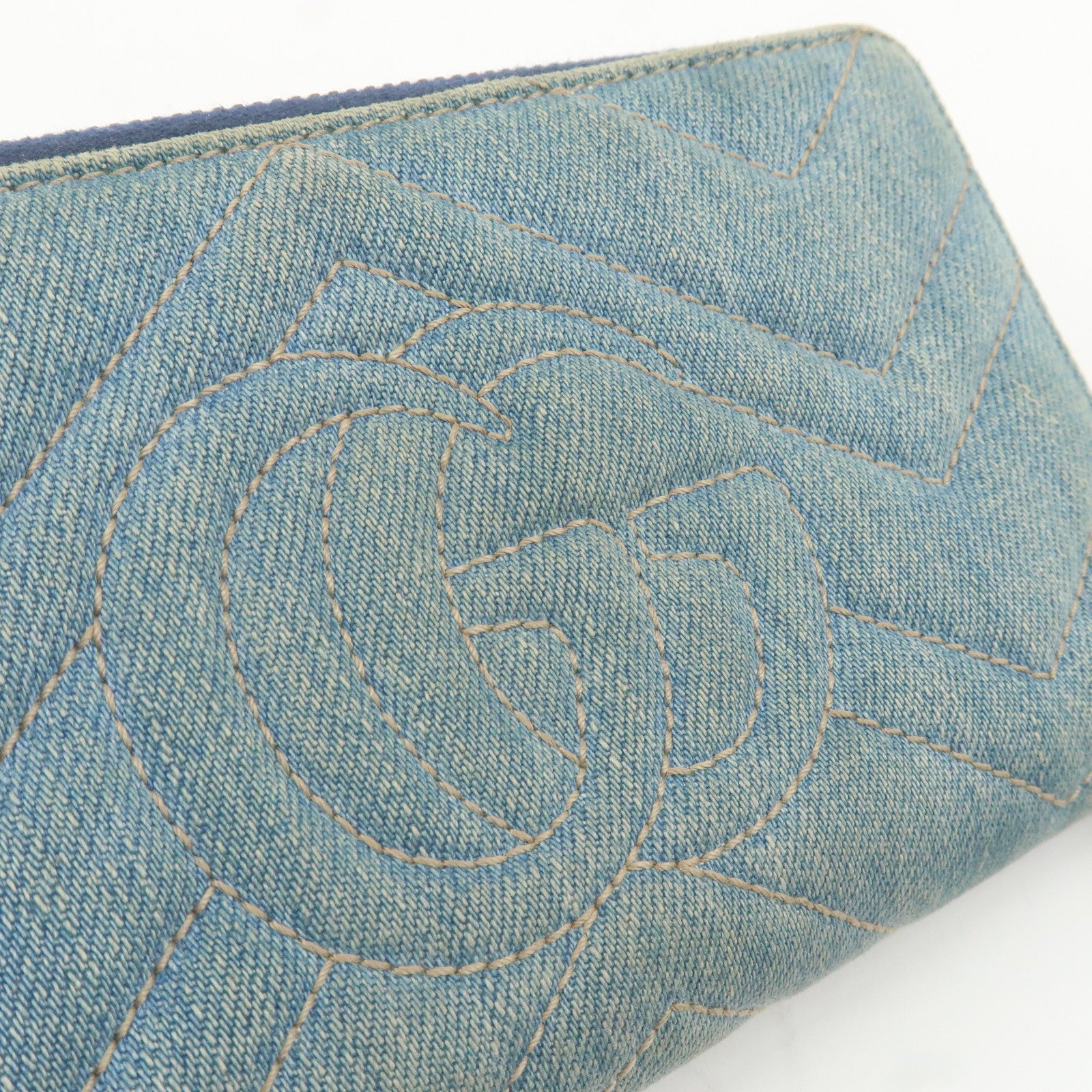 GUCCI GG Marmont Denim Leather Double G Flower Zip Around Wallet