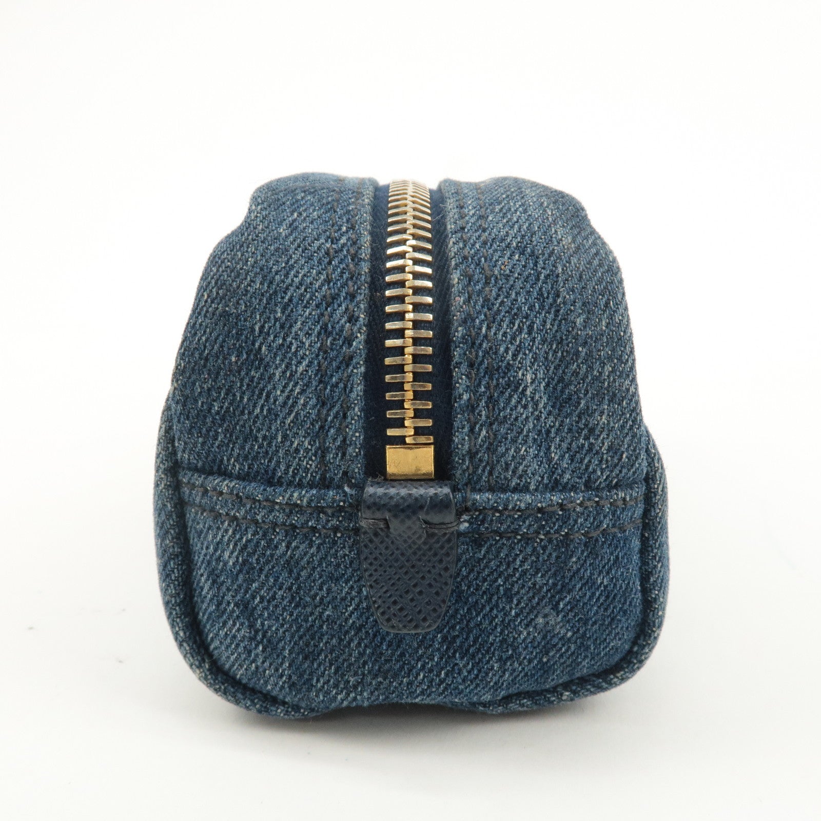 PRADA Logo Denim Pouch Cosmetic Pouch Blue Gold Hardware