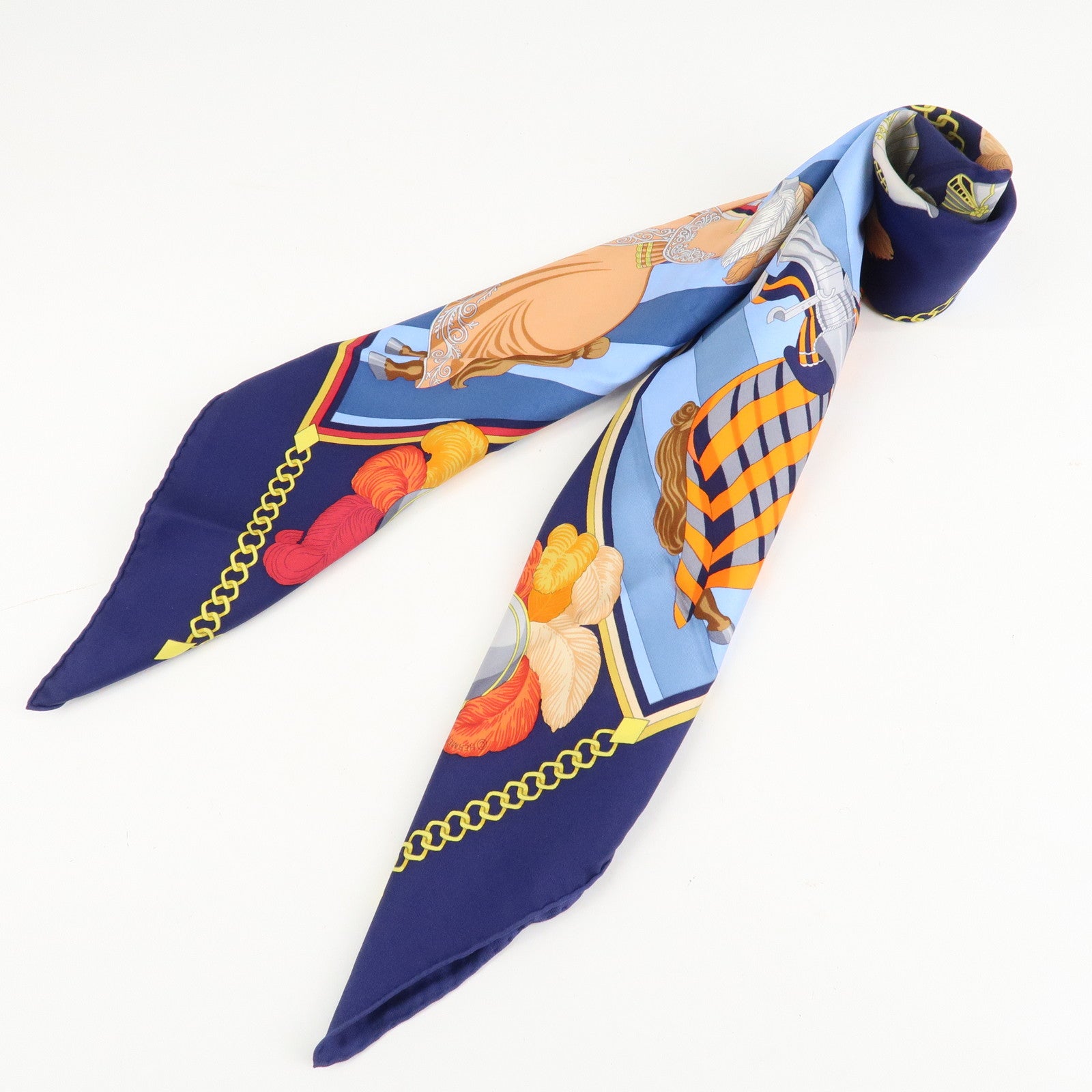 HERMES Carre 90 Silk 100% Scarf CHOCS EN PLUMES Navy Blue Red Used