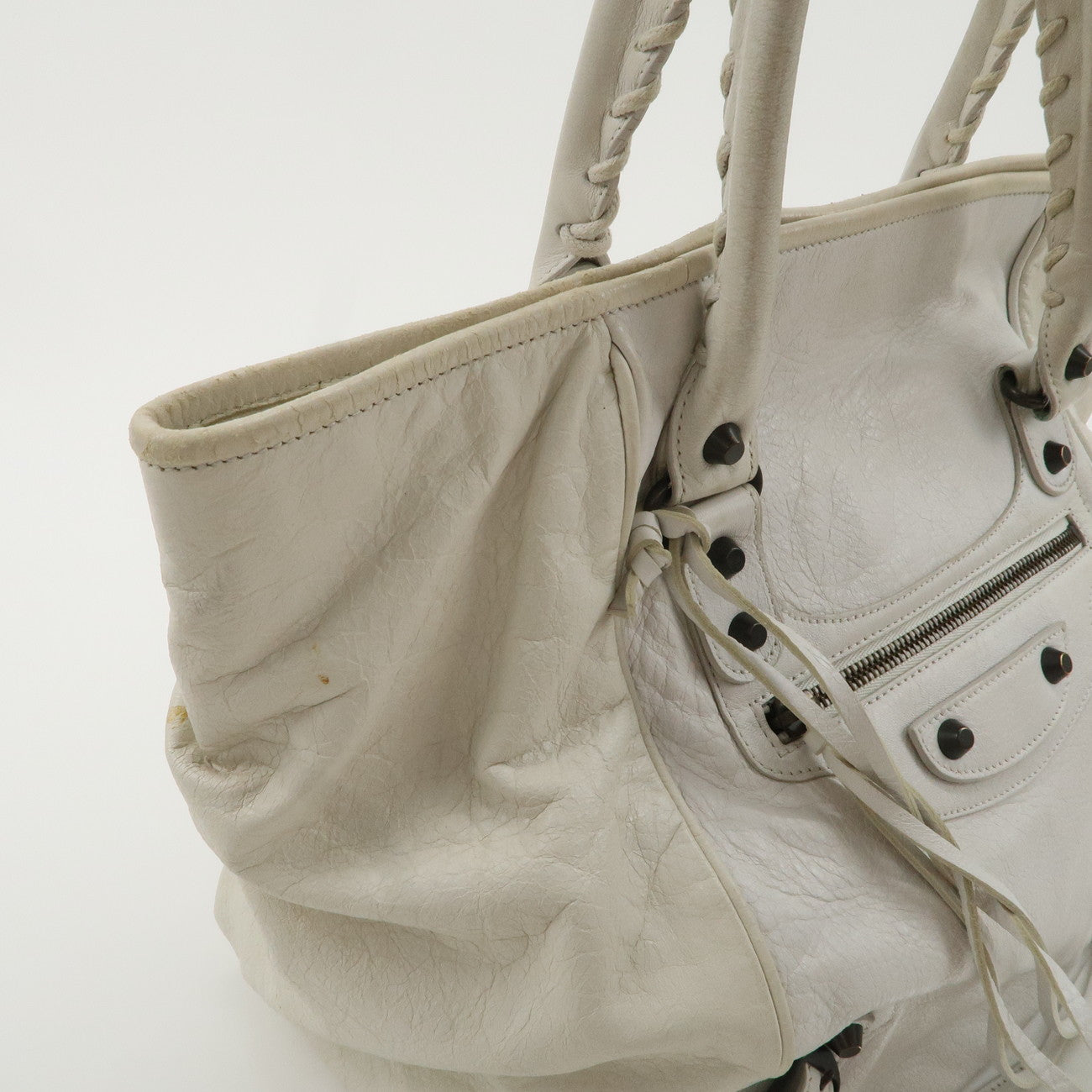 BALENCIAGA Leather The Sunday Tote Hand Bag White 228750