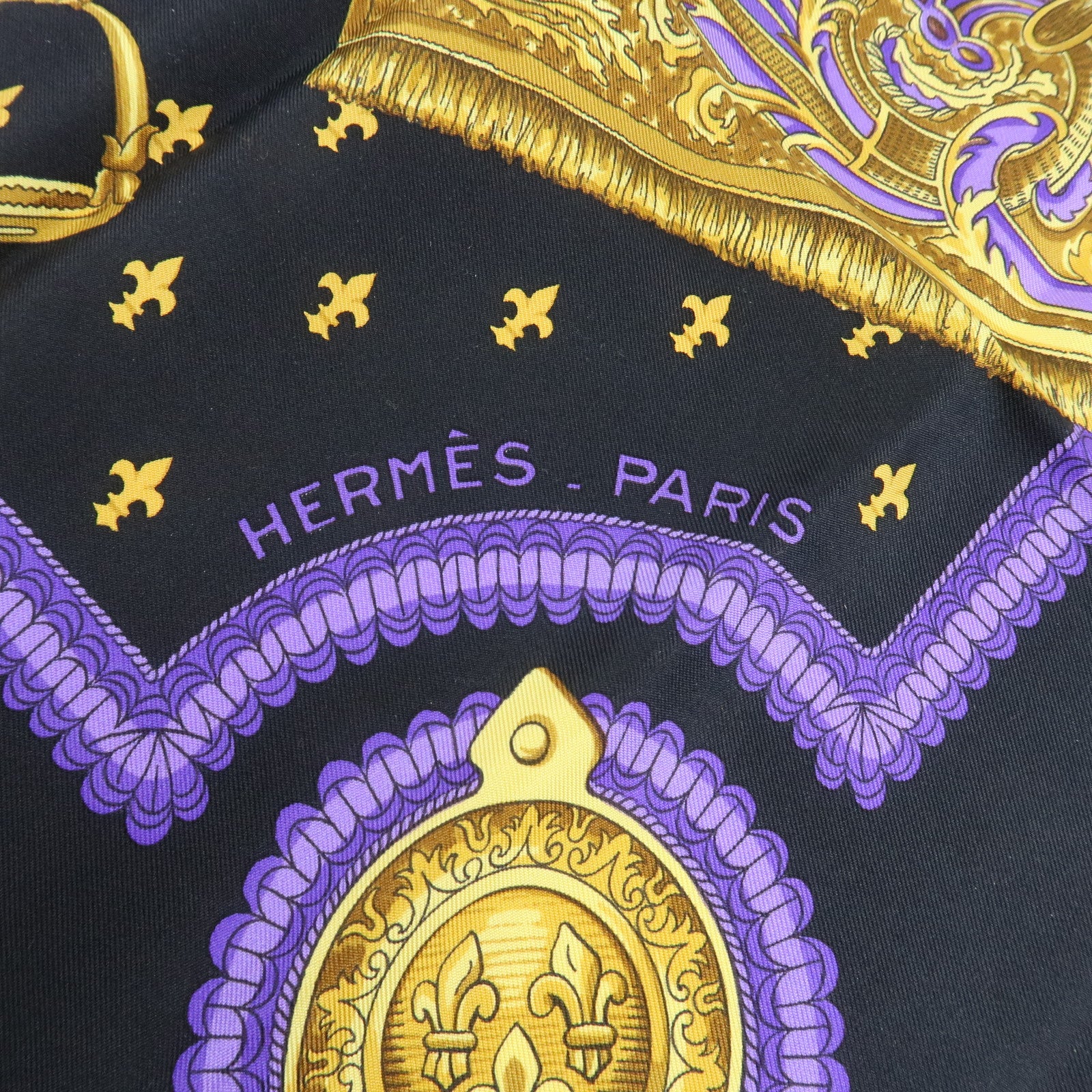 HERMES Carre 90 Silk 100% Scarf SELLES A HOUSSE Black Purple Gold Used