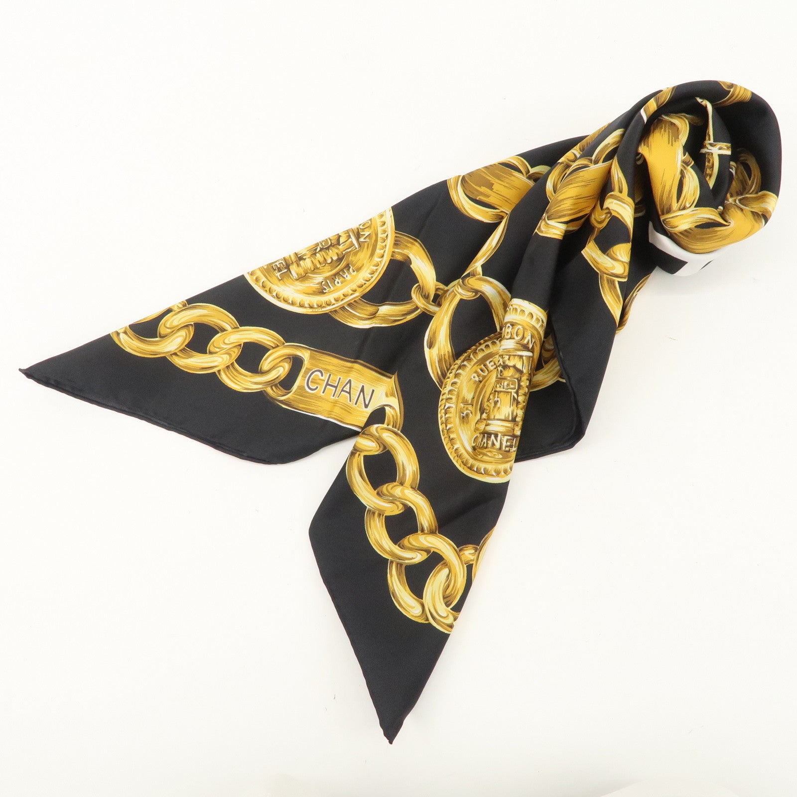 CHANEL Silk 100 % Scarf Coco Mark Chain Black Gold Used