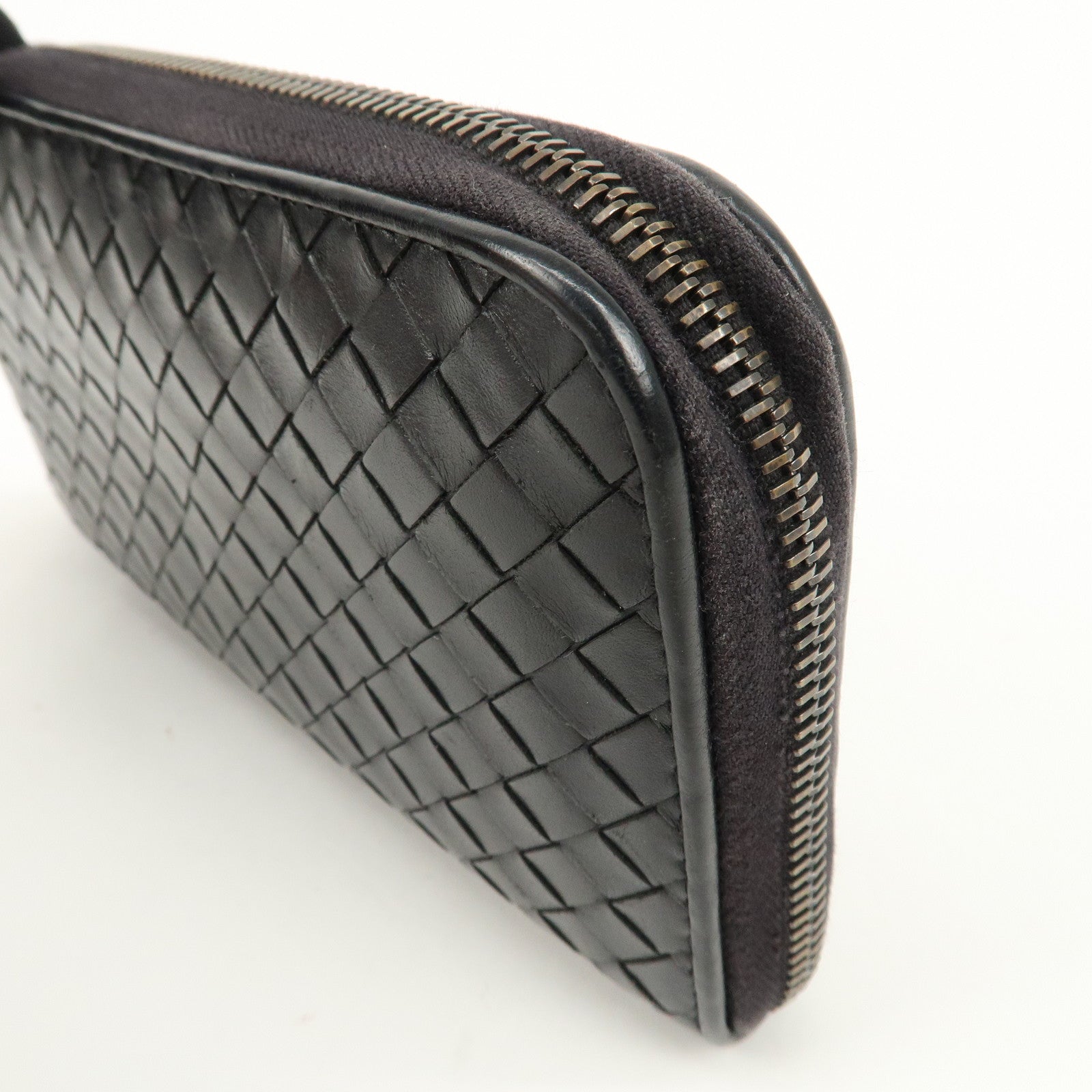 BOTTEGA VENETA Intrecciato Leather Zip Round Long Wallet Black