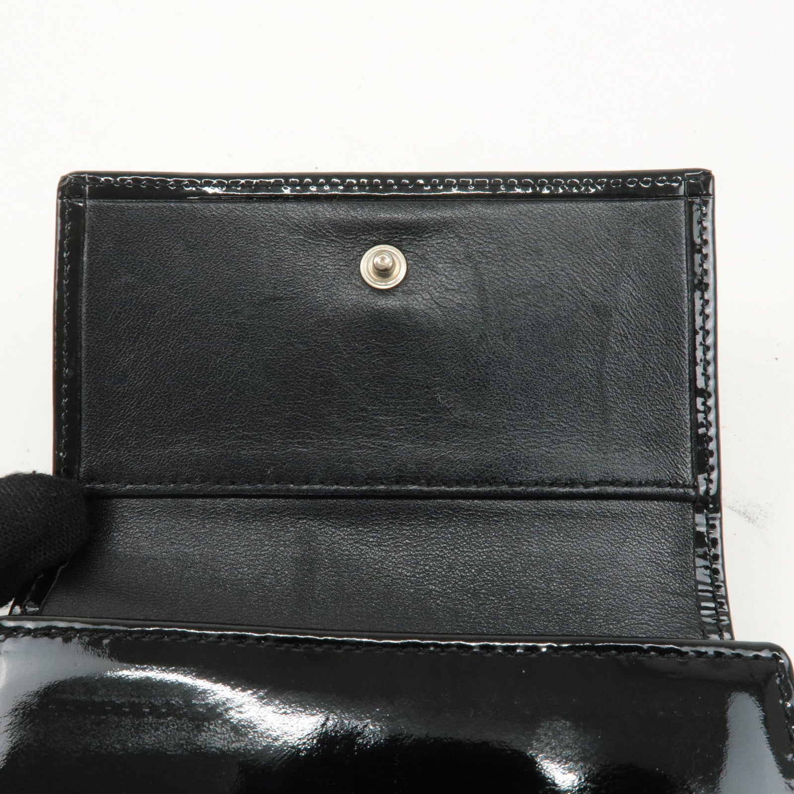 CHANEL Patent Leather Tri-fold Wallet Black