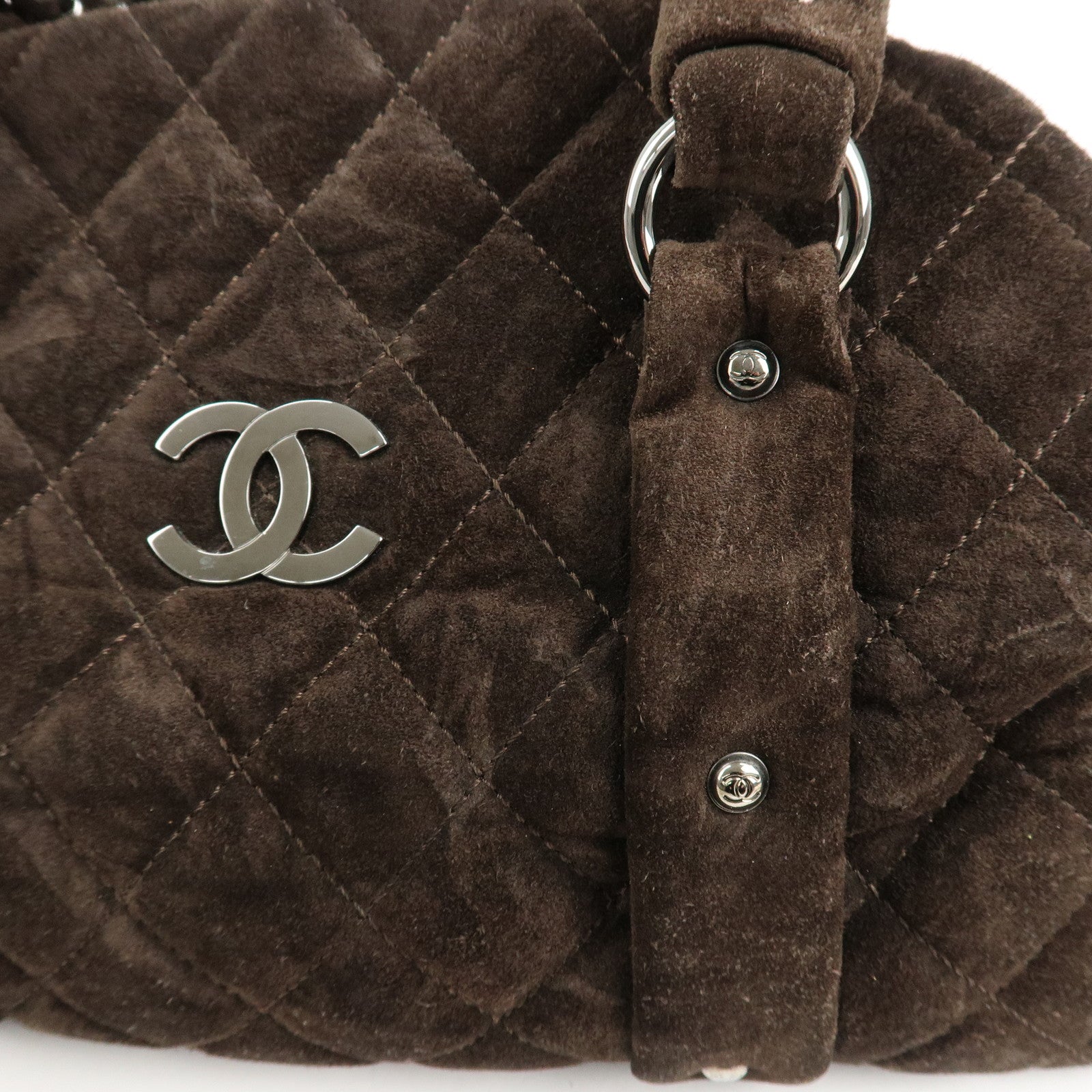 CHANEL Matelasse Suede Boston Bag Brown Silver Hardware