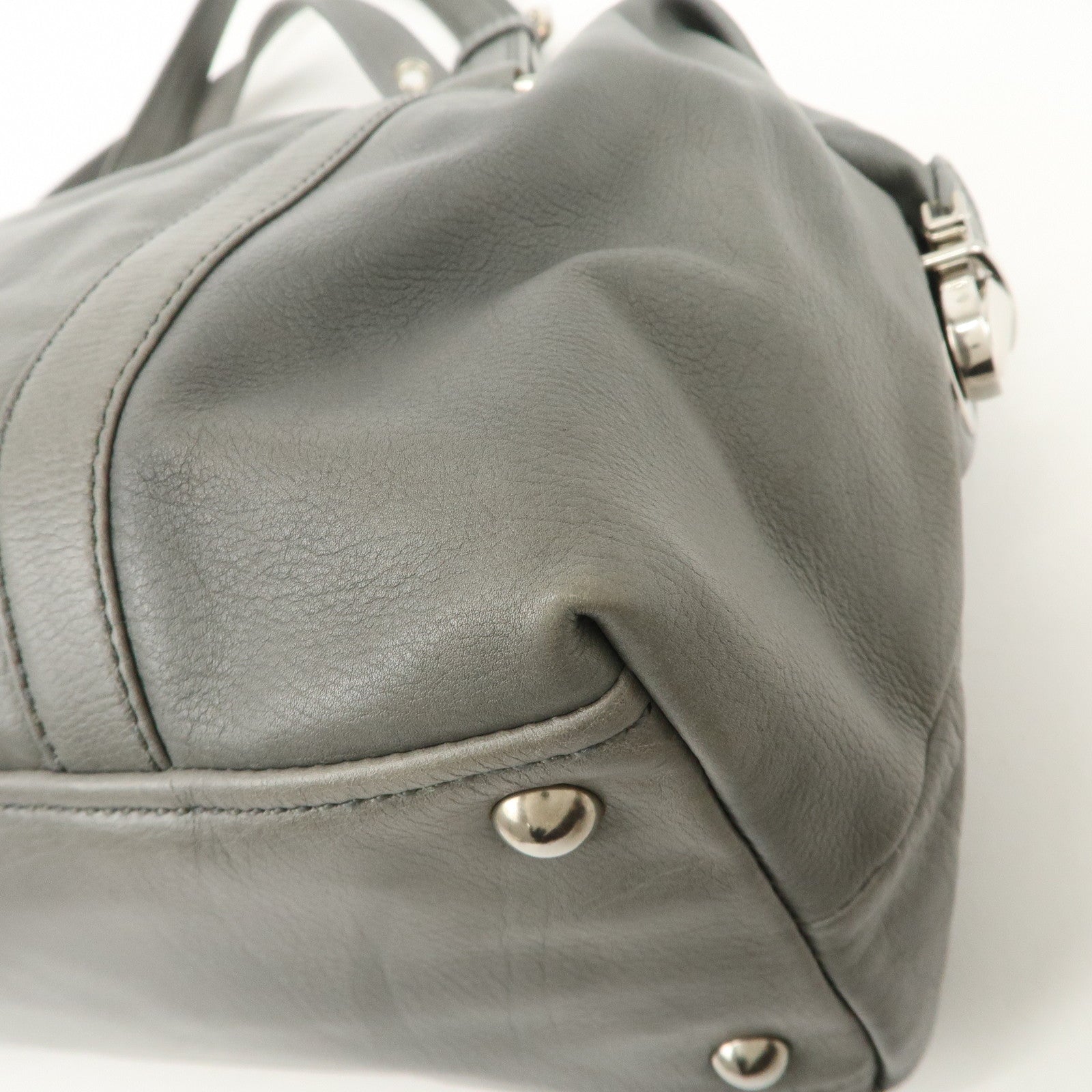 PRADA Leather Boston Bag Shoulder Bag Gray Silver Hardware Used