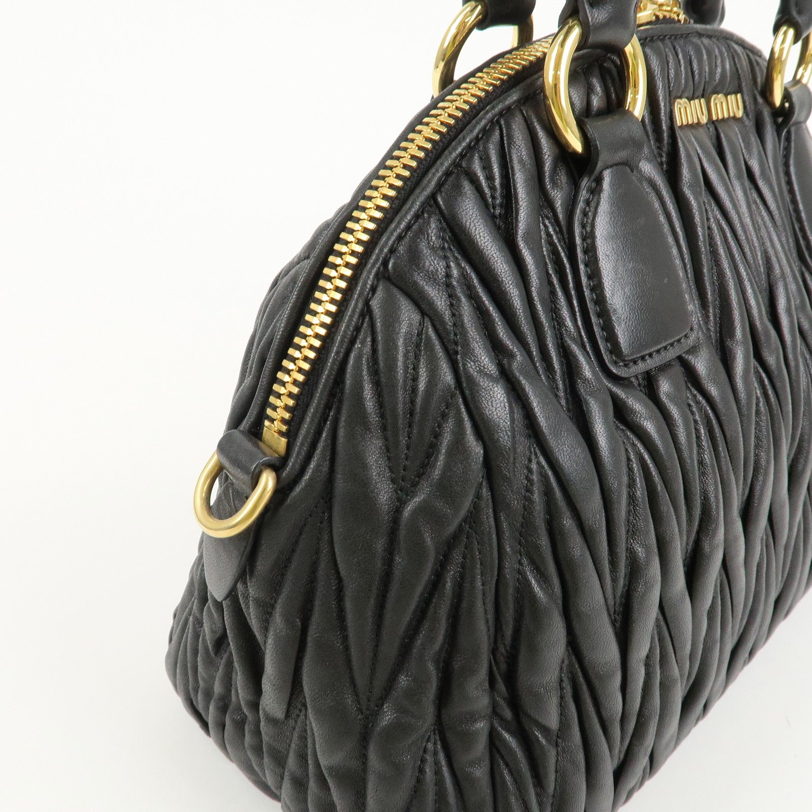 MIU MIU Matelasse Leather Hand Bag Black Gold Hardware Used