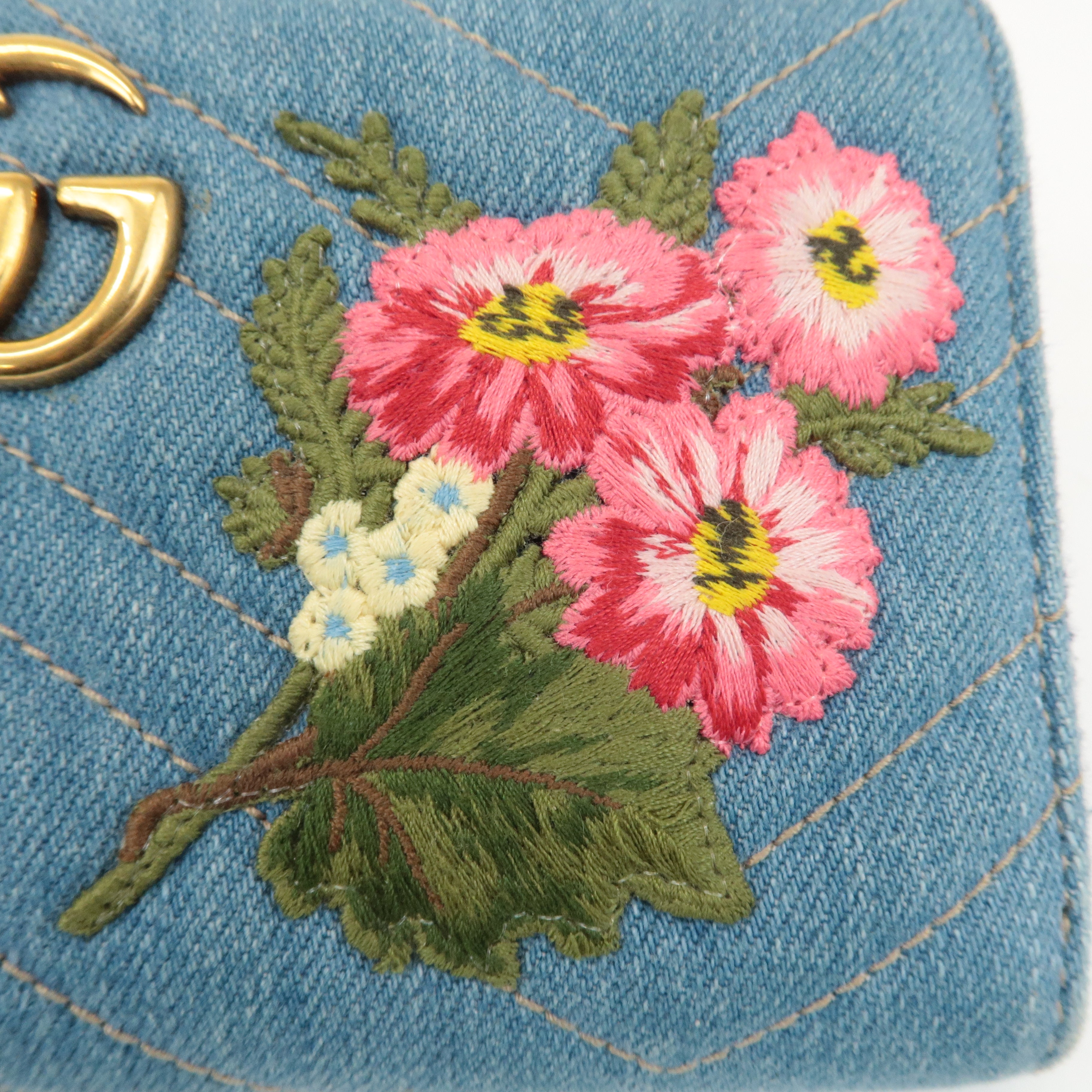 GUCCI GG Marmont Denim Zip Around Wallet Floral Pattern 443123 Used