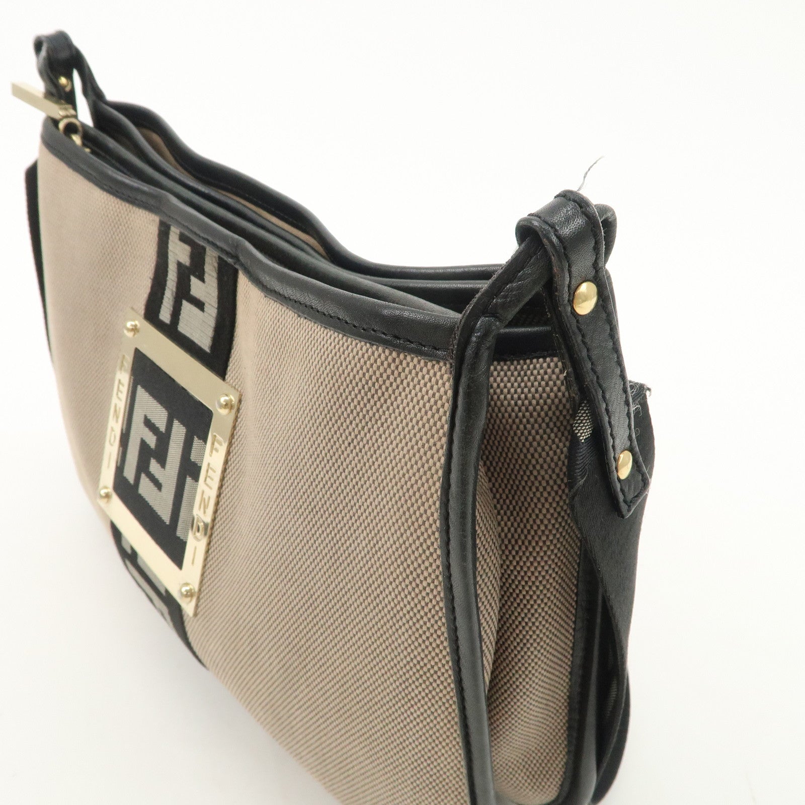 FENDI Logo Zucca Canvas Leather Shoulder Bag Beige Black 8BT084 Used