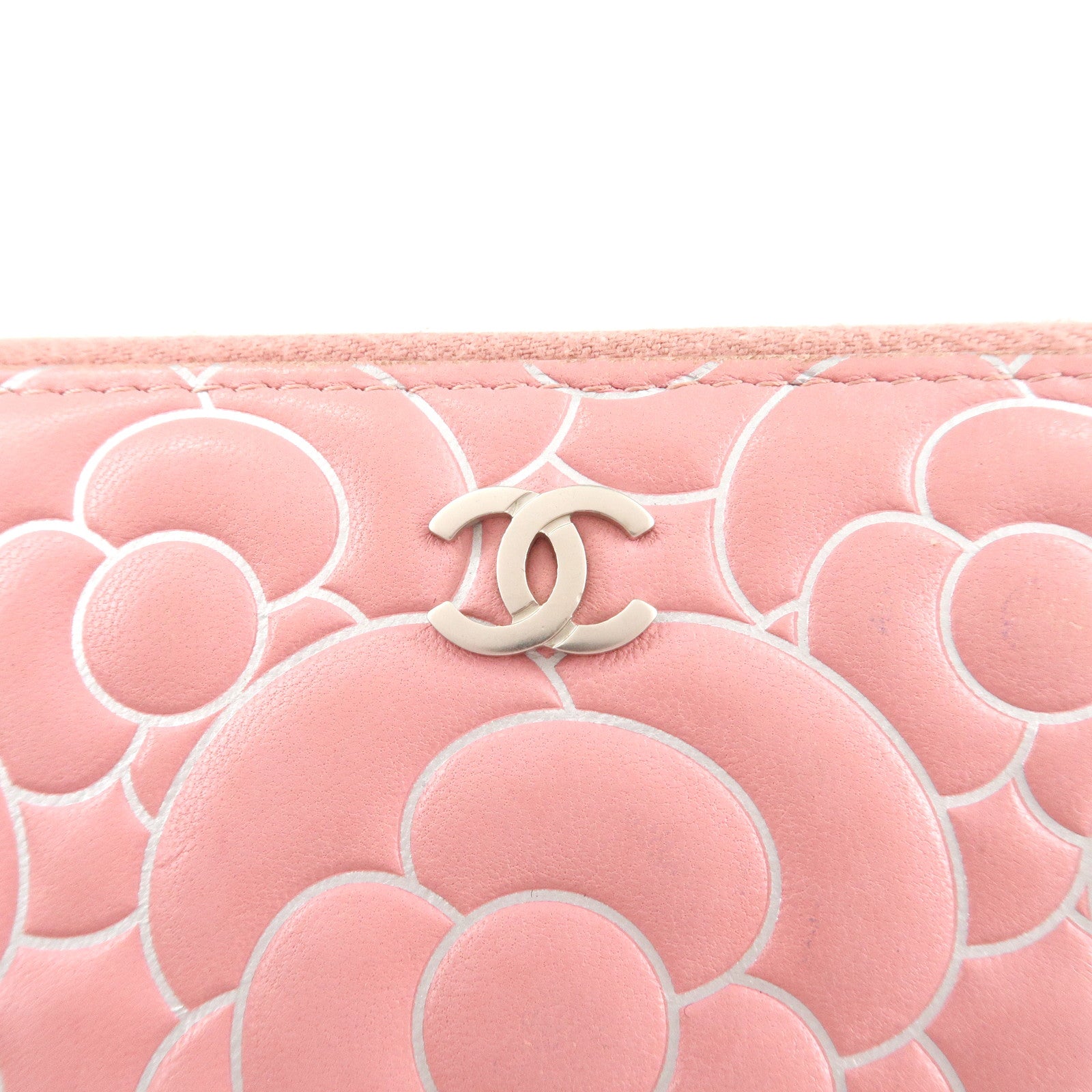 CHANEL Camellia Lamb Skin Long Zippy Wallet Pink A50085