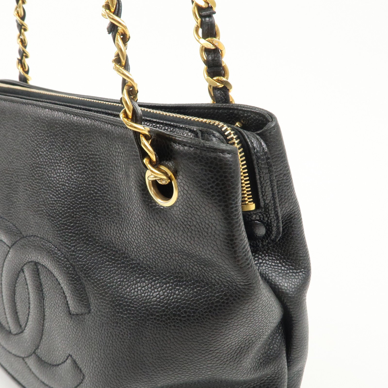 CHANEL Caviar Skin COCO Mark Chain Tote Bag Shoulder Bag Black